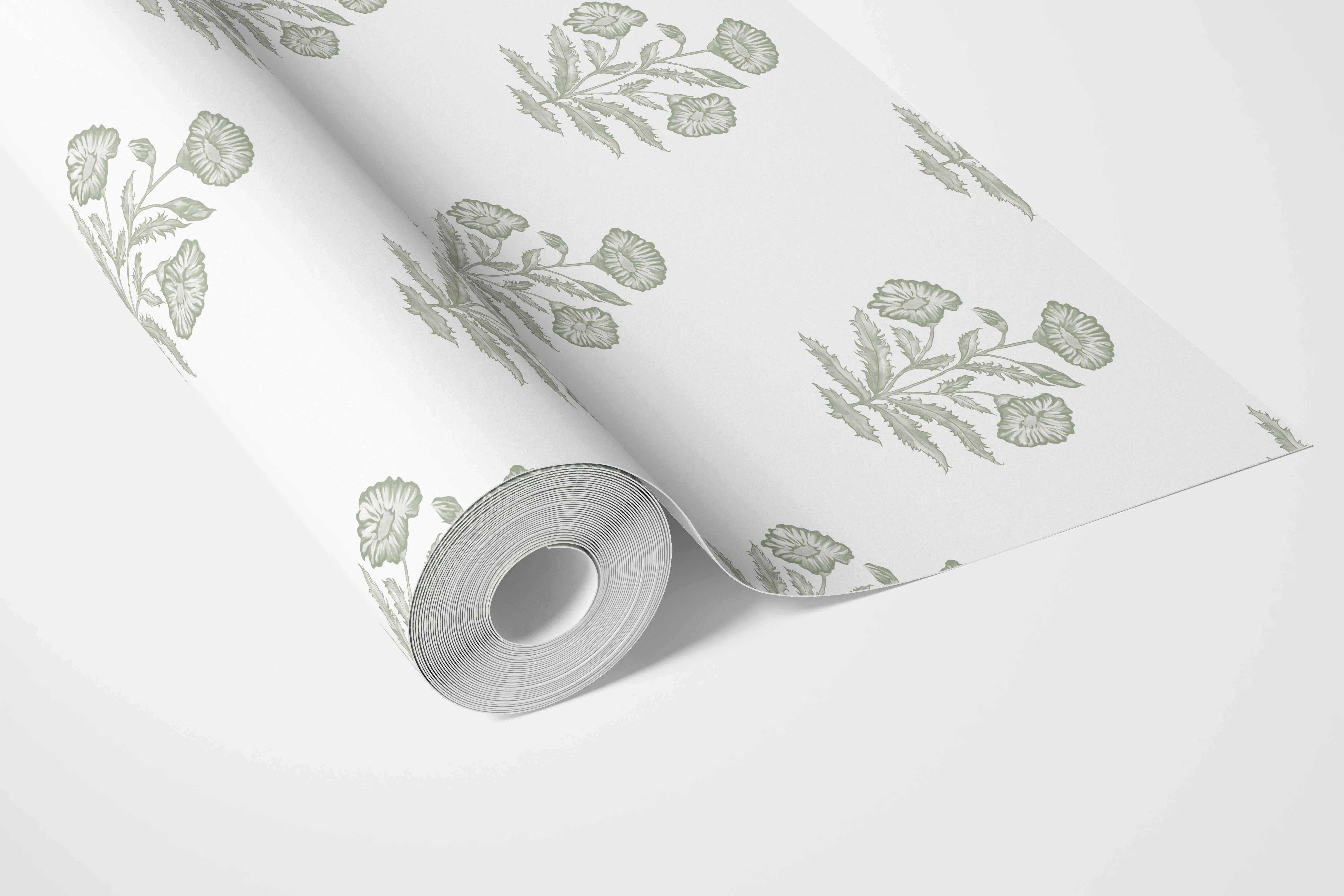 Floral Block Print Bathroom Wallpaper Sample (Green/ White)