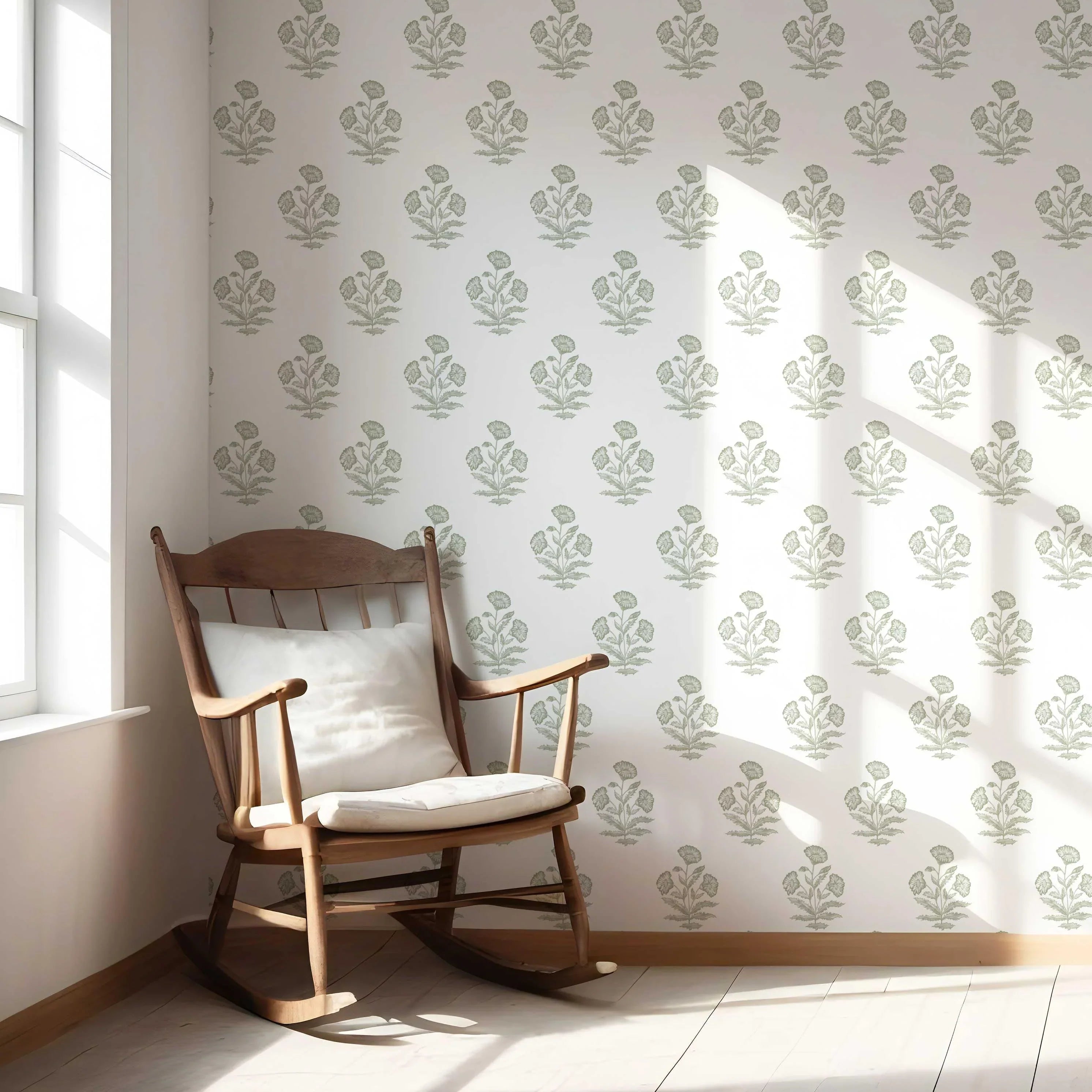 Floral Block Print Nursery Wallpaper Sample (Green/ White)