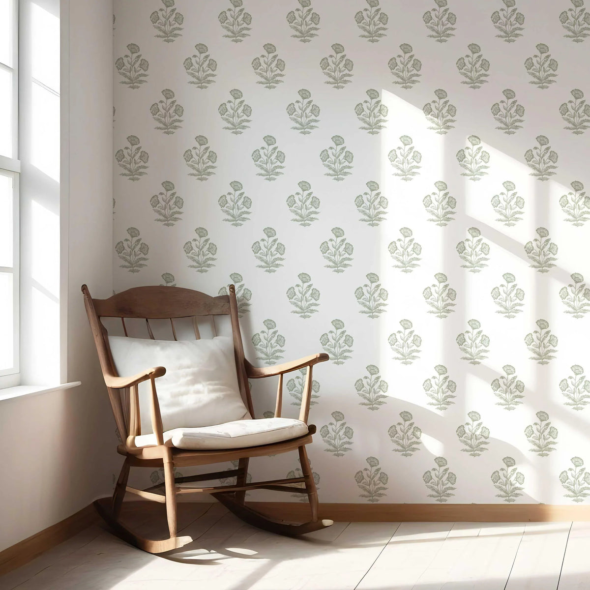 Floral Block Print Nursery Wallpaper Sample (Green/ White)