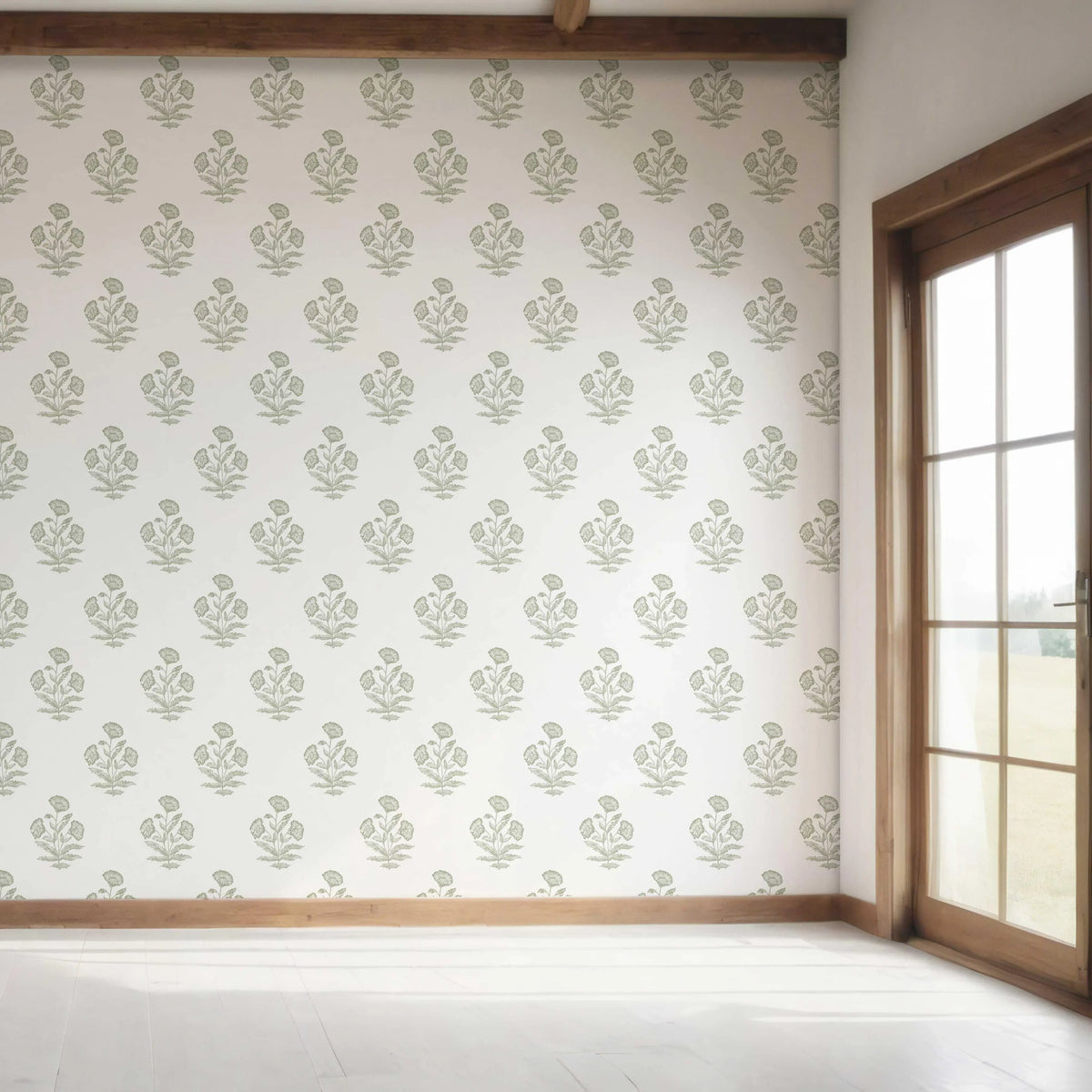 Floral Block Print Bedroom Wallpaper (Green/ White)