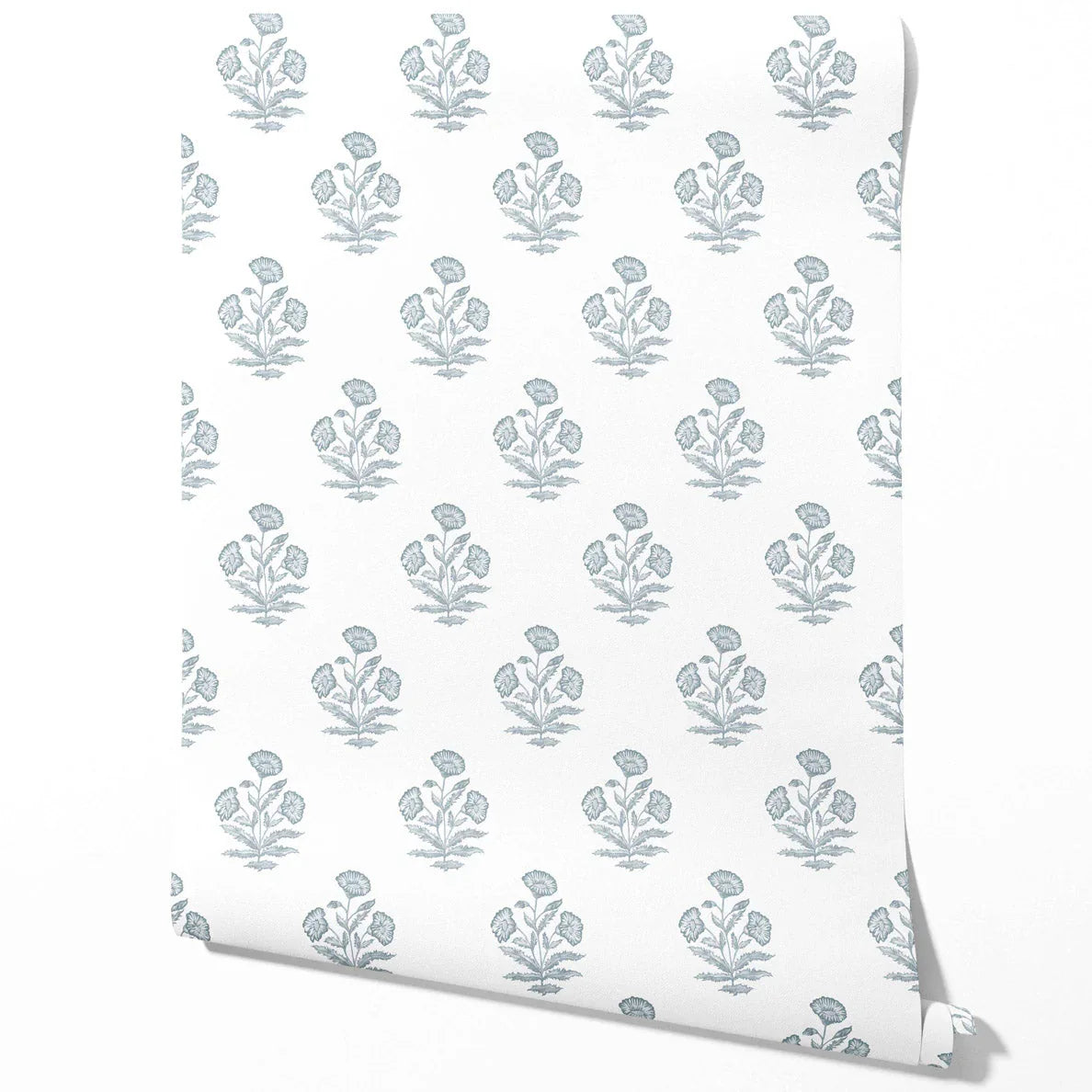 Floral Block Print Traditional Wallpaper Sample (Sage Blue/ White)