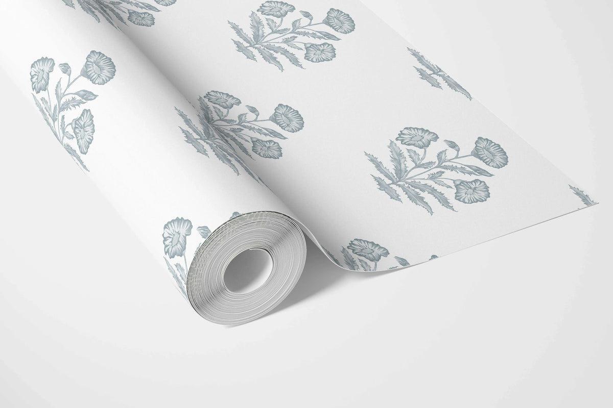 Floral Block Print Bathroom Wallpaper (Sage Blue/ White)
