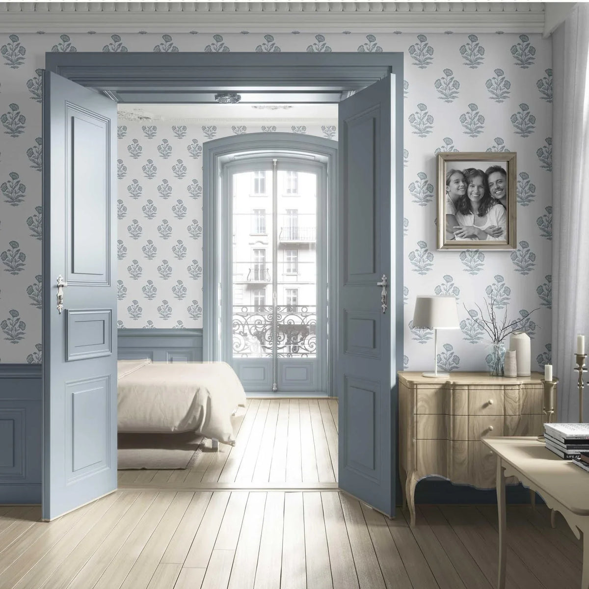 Floral Block Print Living Room Wallpaper (Sage Blue/ White)