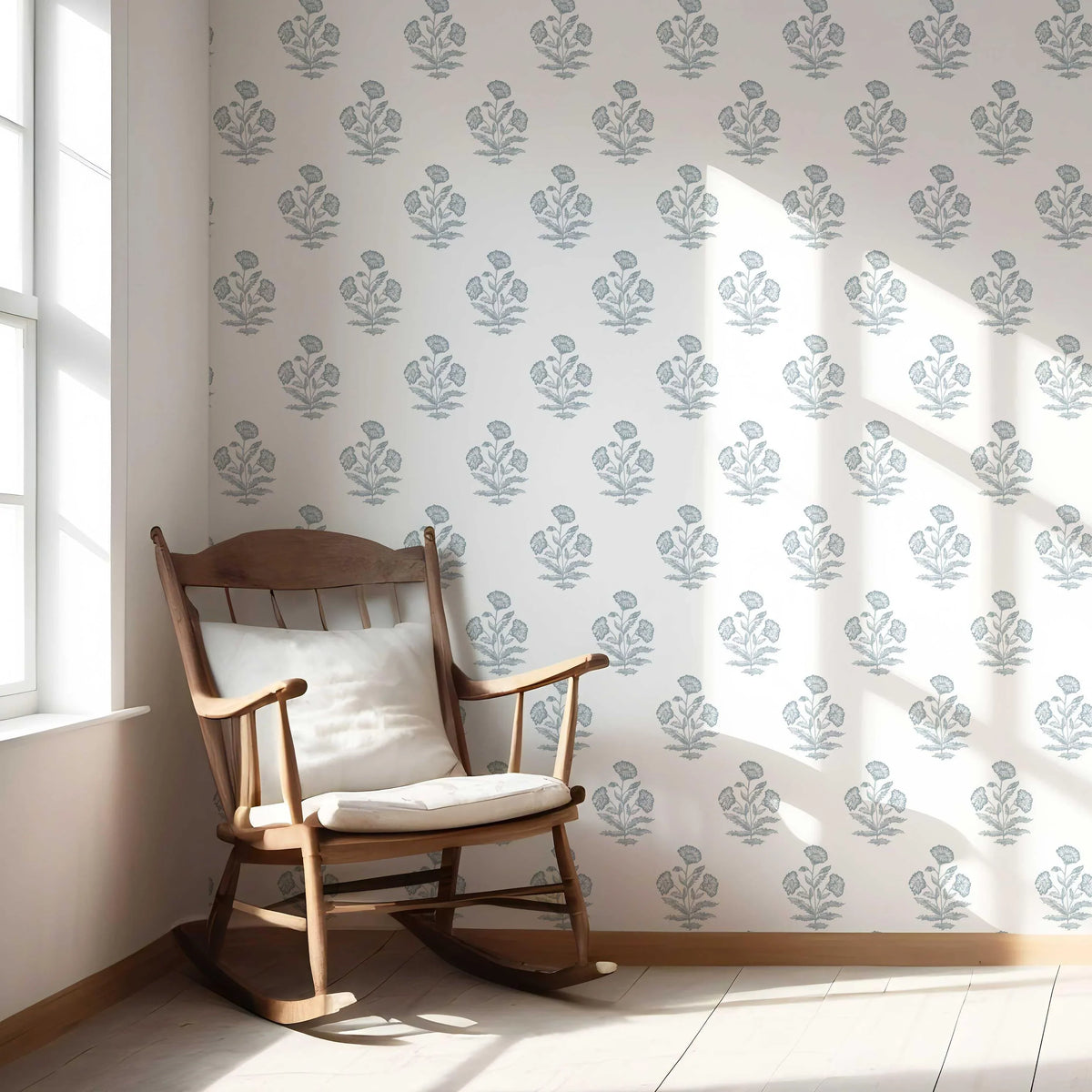 Floral Block Print Nursery Wallpaper Sample (Sage Blue/ White)