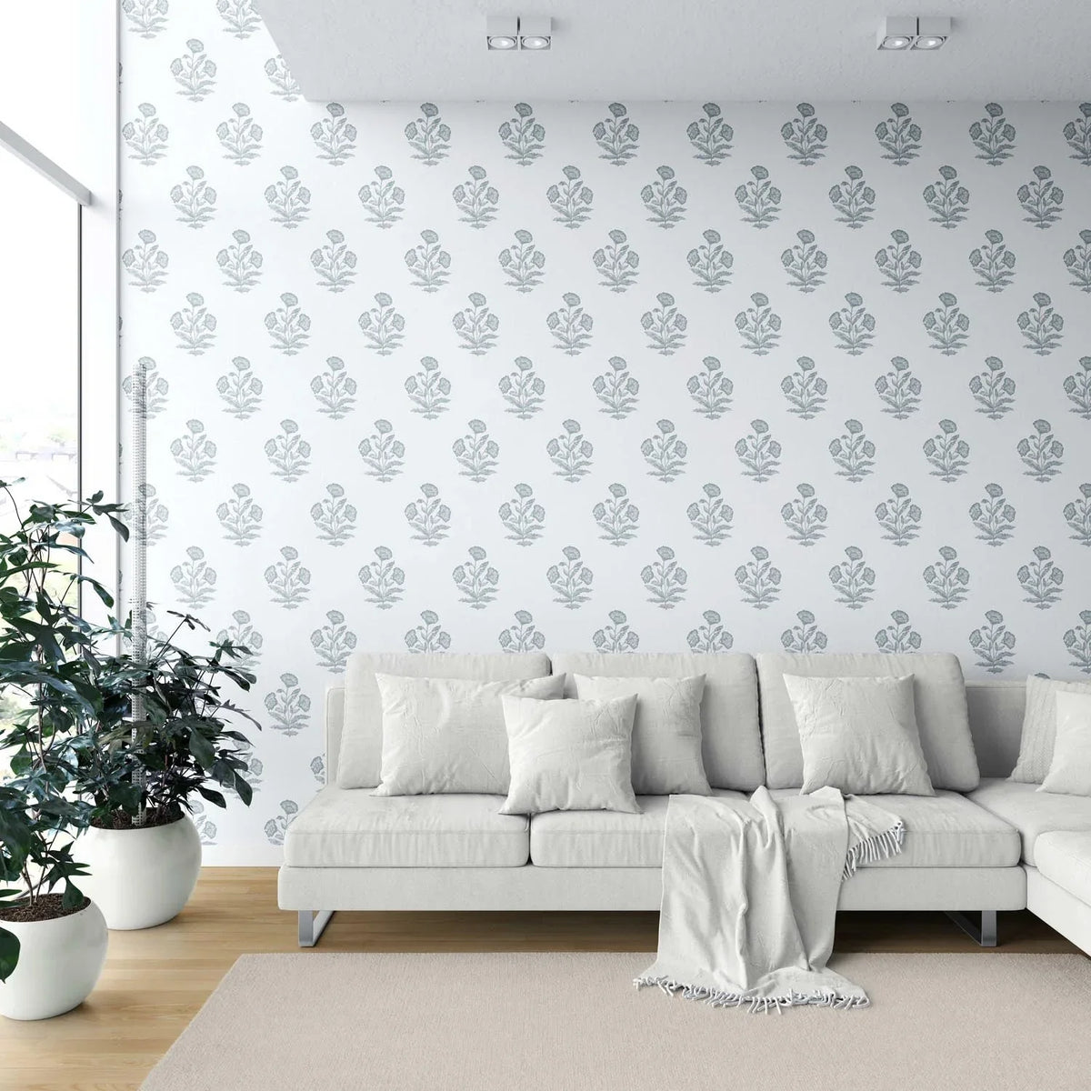 Floral Block Print Shower Toilet Wallpaper Sample (Sage Blue/ White)