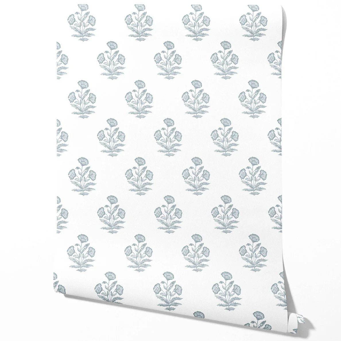 Floral Block Print Kids Room Wallpaper Sample (Sage Blue/ White)