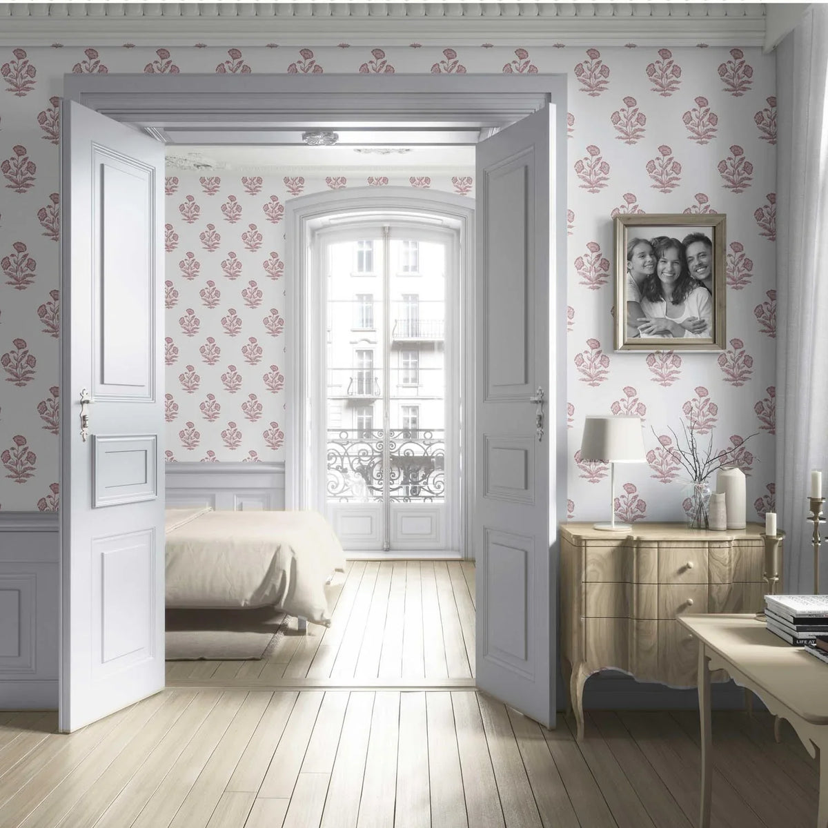 Floral Block Print Living Room Wallpaper (Soft Pink/ White)