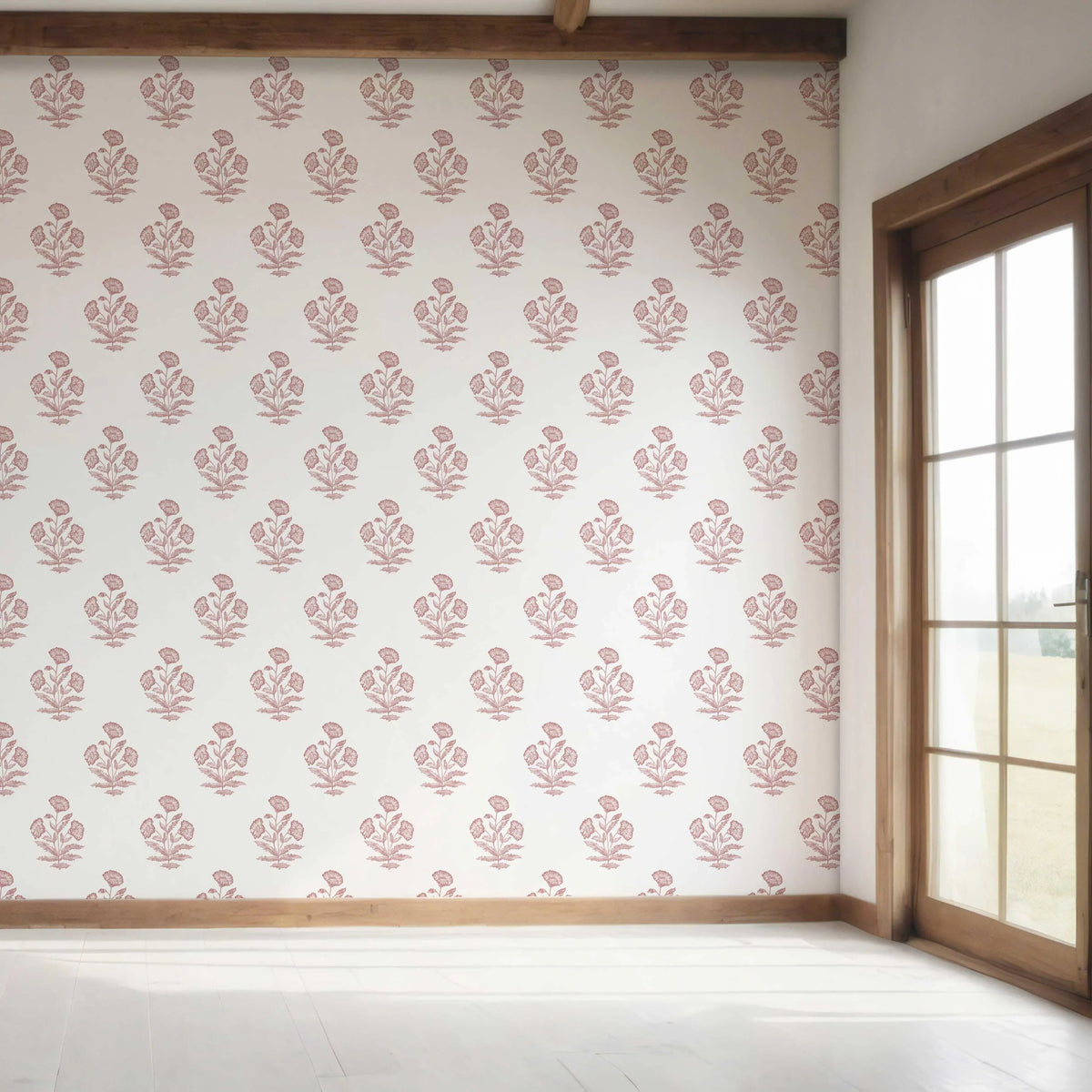 Floral Block Print Bedroom Wallpaper Sample (Soft Pink/ White)