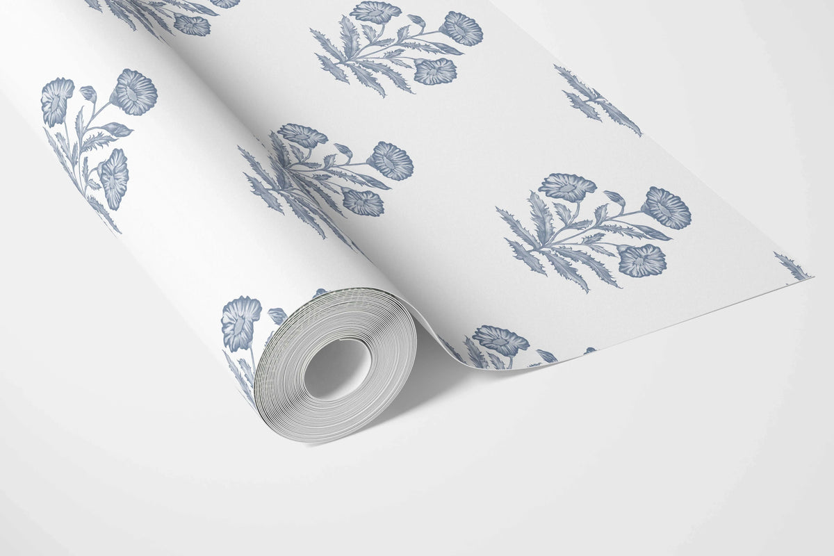 Floral Block Print Bathroom Wallpaper Sample (Slate Blue/ White)