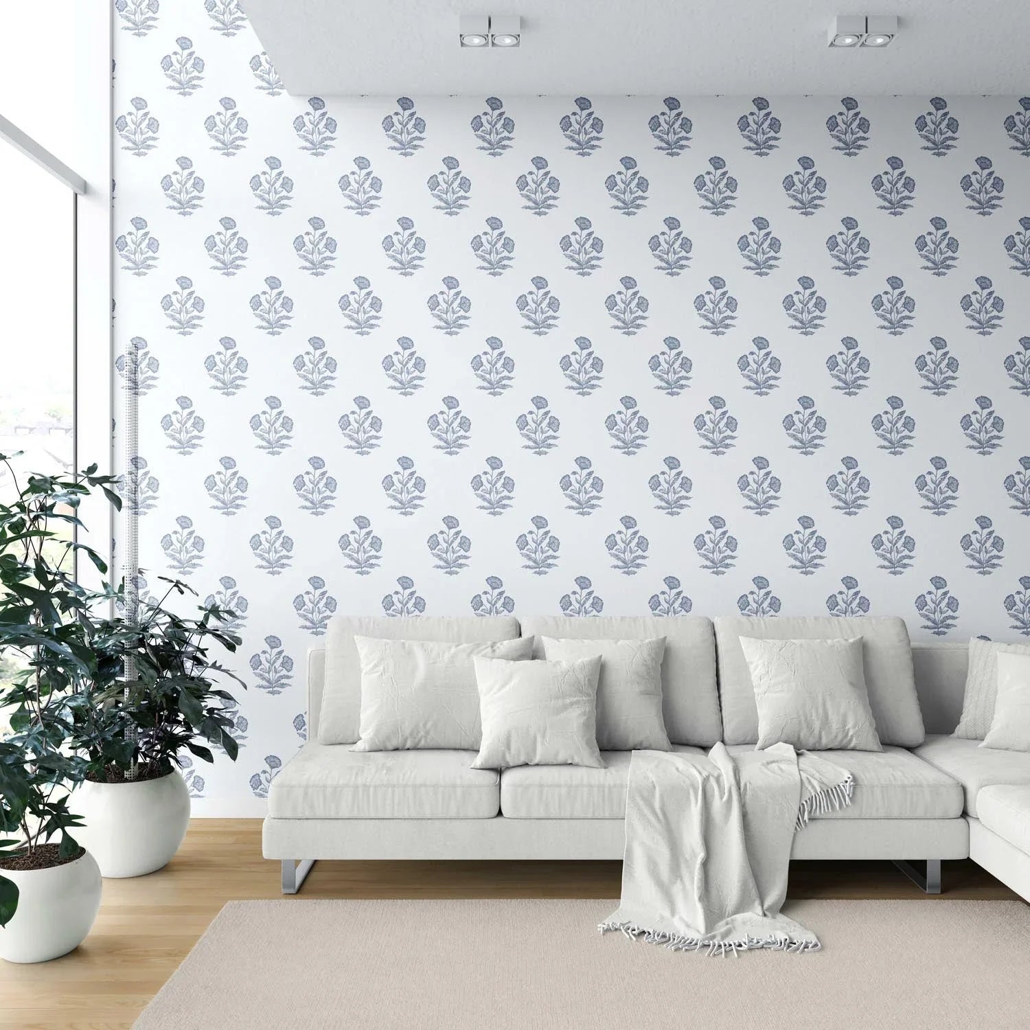 Floral Block Print Shower Toilet Wallpaper Sample (Slate Blue/ White)