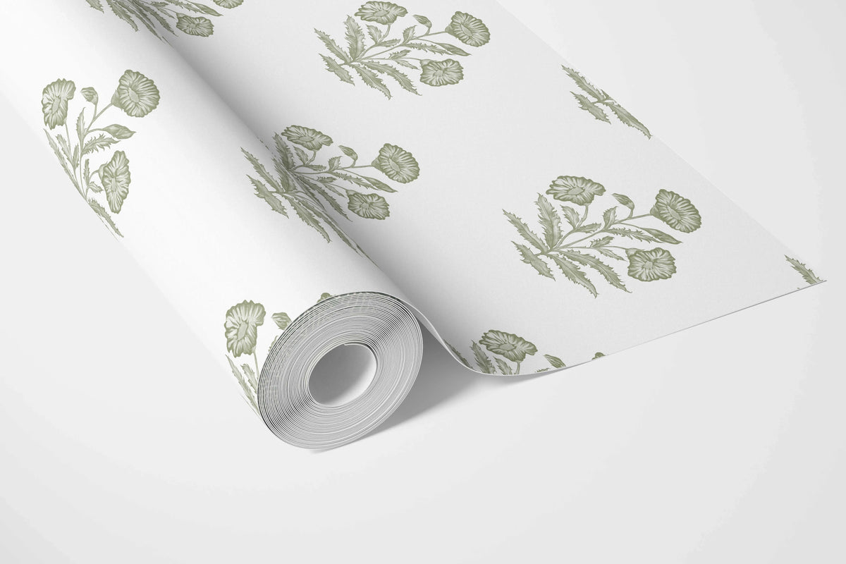 Floral Block Print Bathroom Wallpaper Sample (Olive Green/ White)
