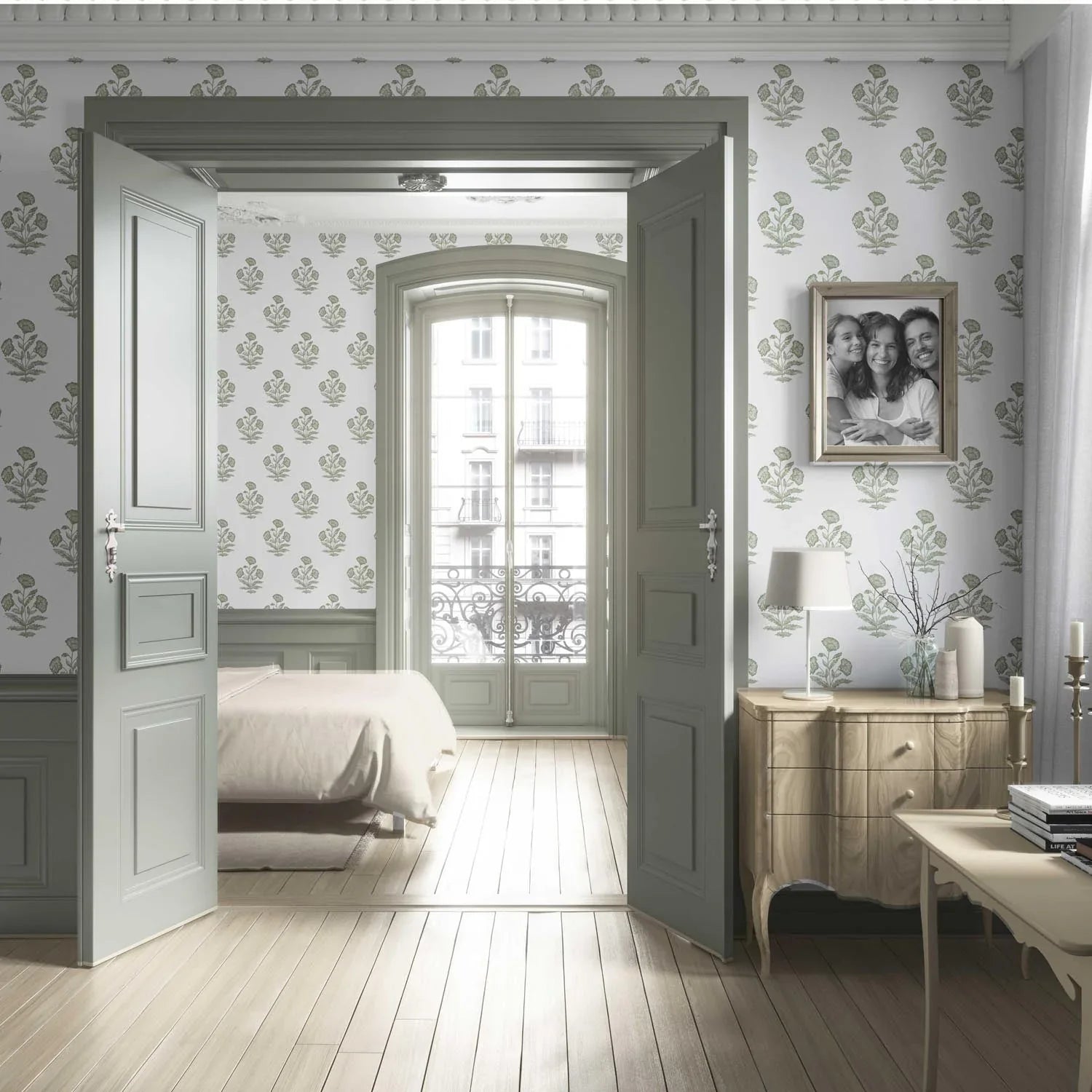 Floral Block Print Living Room Wallpaper Sample (Olive Green/ White)