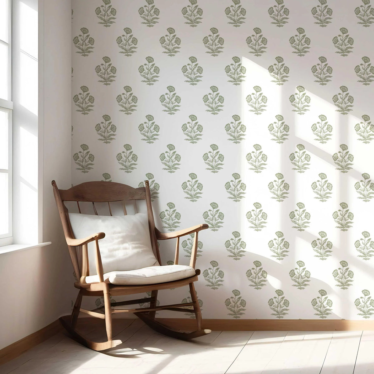 Floral Block Print Nursery Wallpaper Sample (Olive Green/ White)