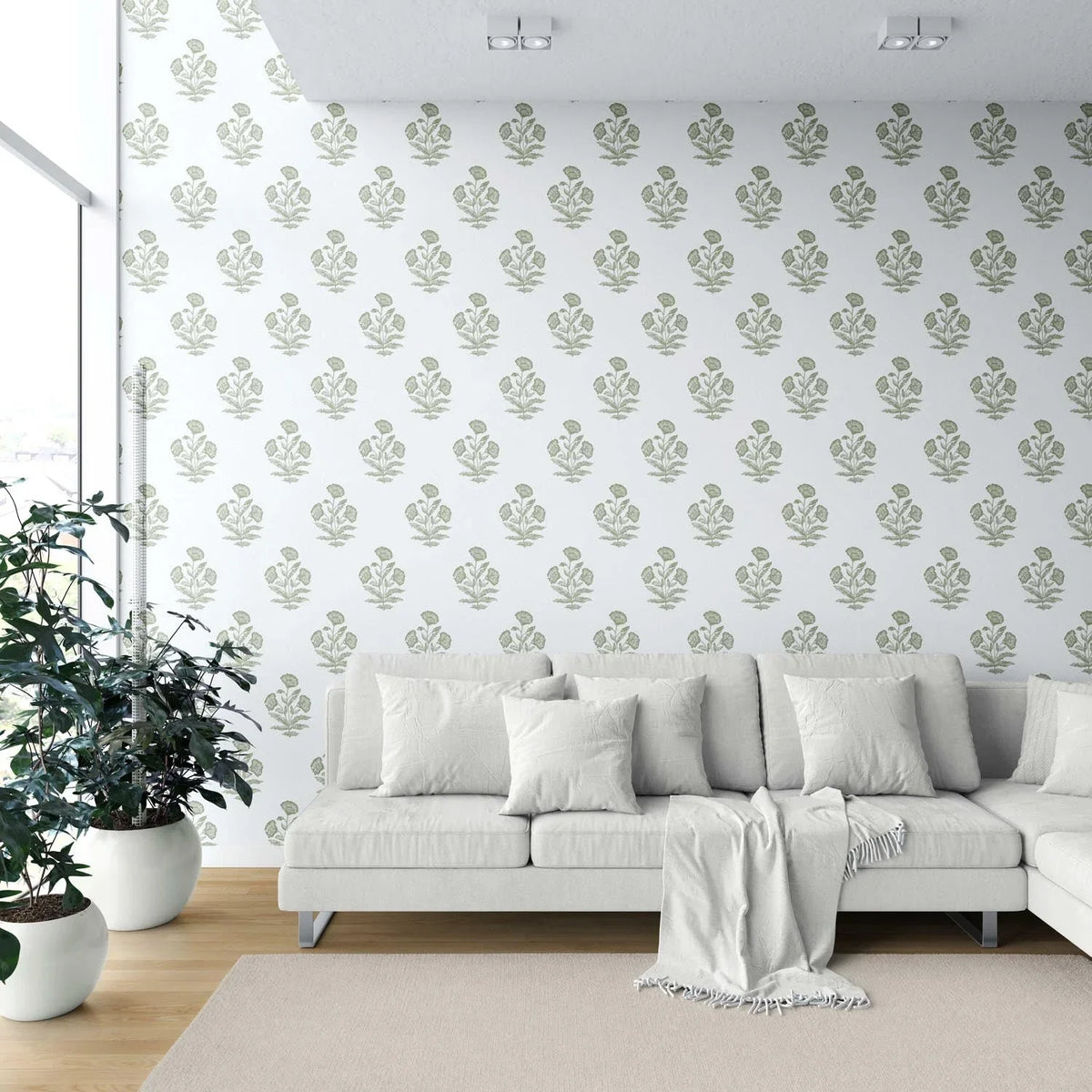 Floral Block Print Shower Toilet Wallpaper Sample (Olive Green/ White)
