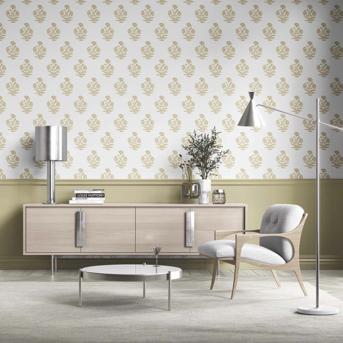 Floral Block Print Kitchen Wallpaper Sample (Yellow-Green/ White)