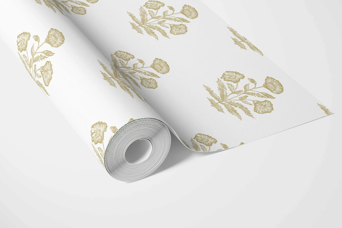 Floral Block Print Bathroom Wallpaper Sample (Yellow-Green/ White)