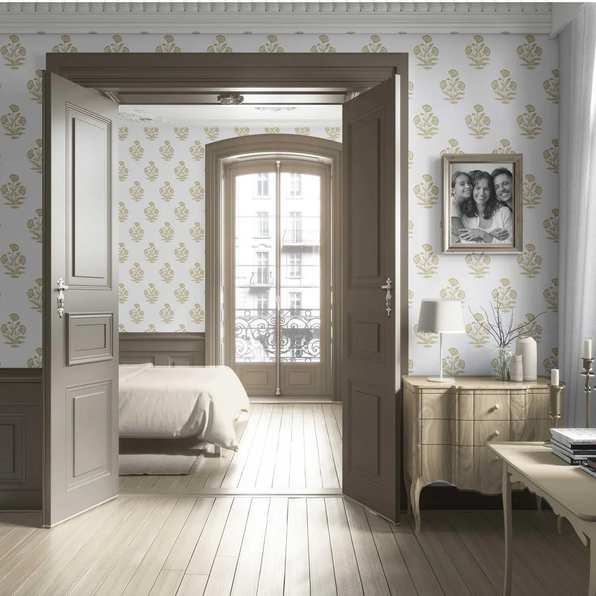 Floral Block Print Living Room Wallpaper Sample (Yellow-Green/ White)