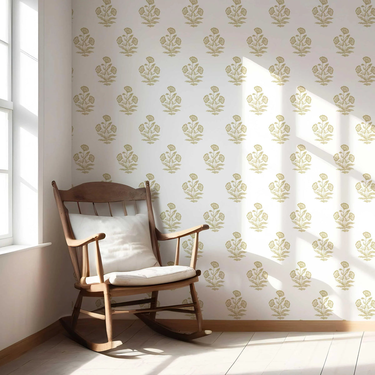 Floral Block Print Nursery Wallpaper Sample (Yellow-Green/ White)