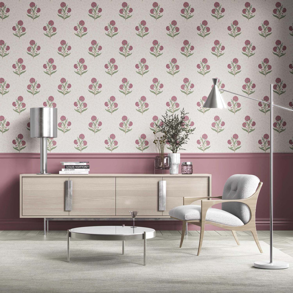 Floral Block Print Kitchen Wallpaper (Pink/ Green/ Soft Taupe)