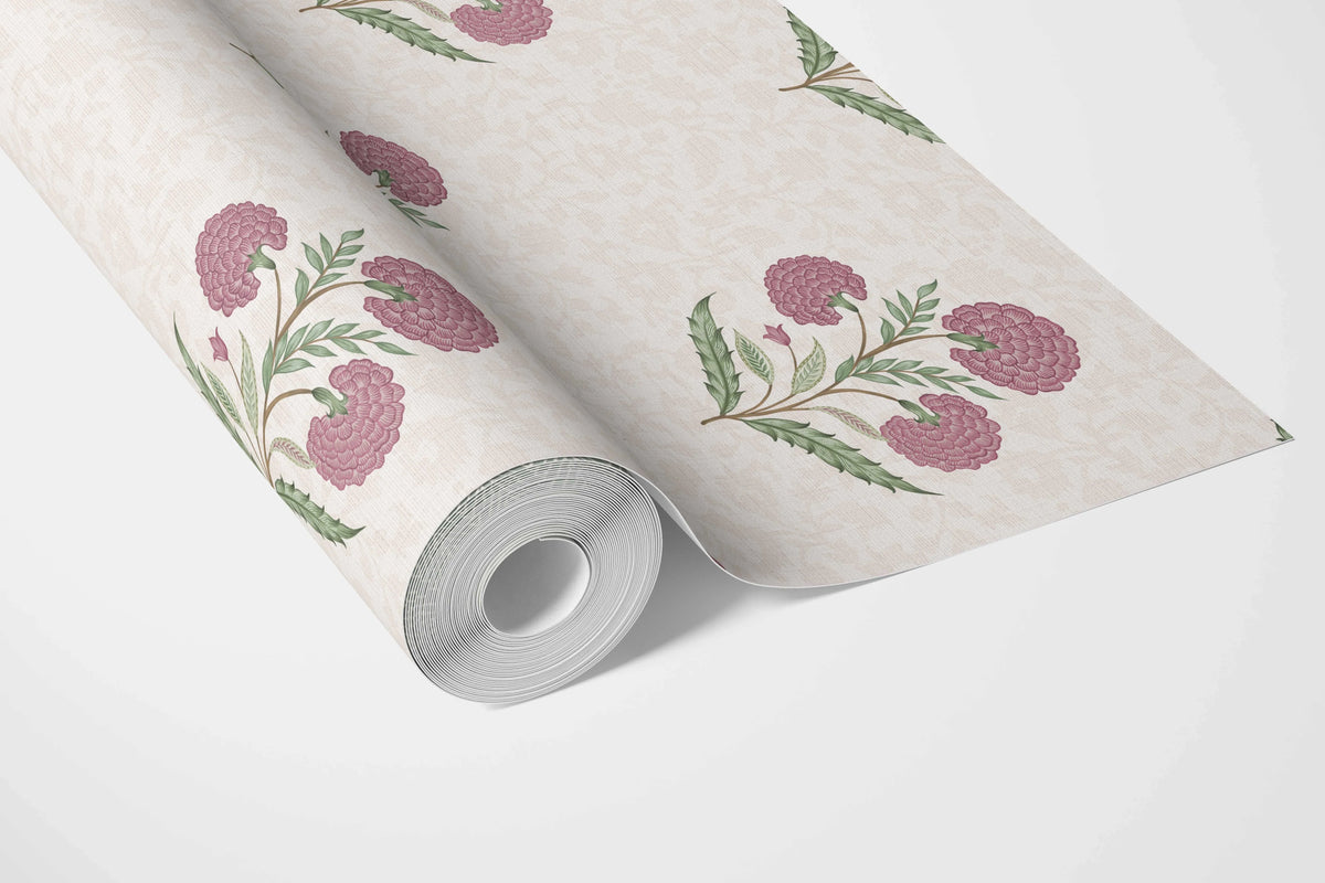Floral Block Print Bathroom Wallpaper Sample (Pink/ Green/ Soft Taupe)