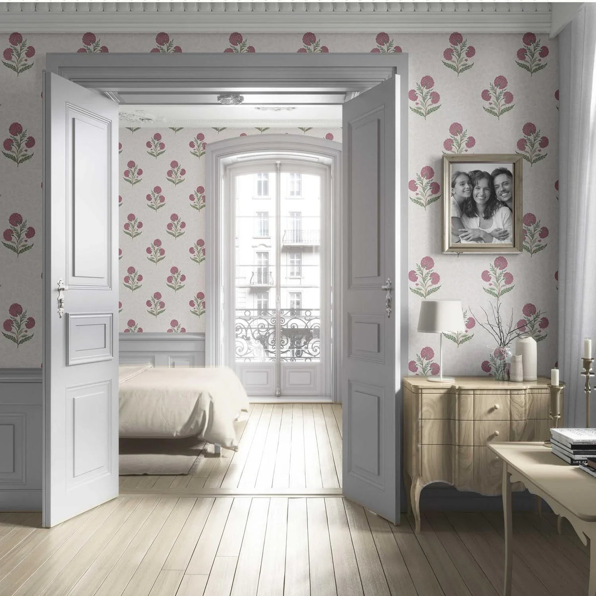 Floral Block Print Living Room Wallpaper Sample (Pink/ Green/ Soft Taupe)