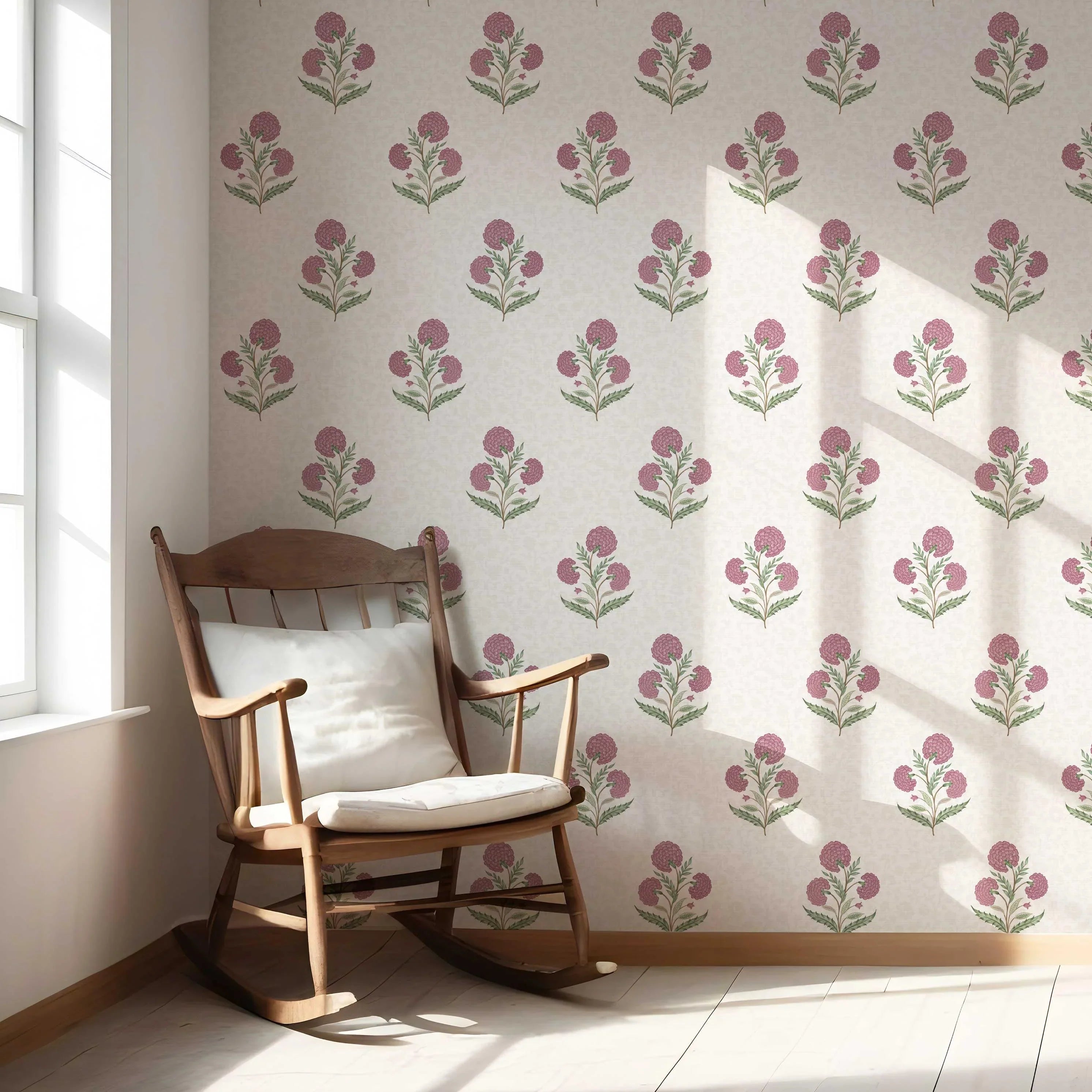 Floral Block Print Nursery Wallpaper Sample (Pink/ Green/ Soft Taupe)