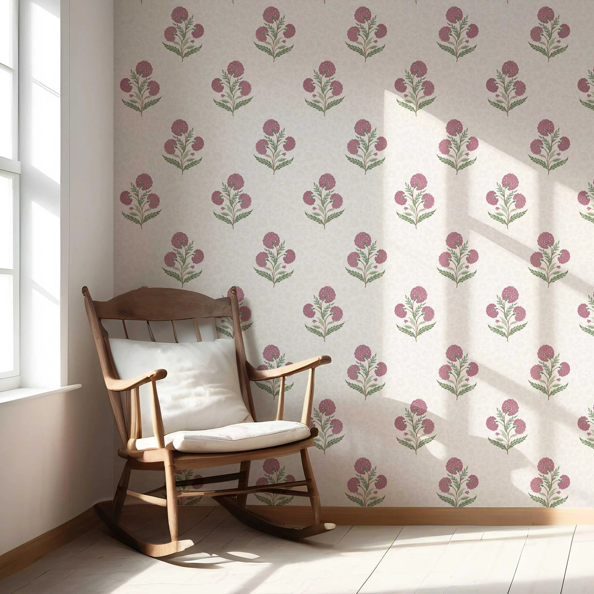 Floral Block Print Nursery Wallpaper Sample (Pink/ Green/ Soft Taupe)