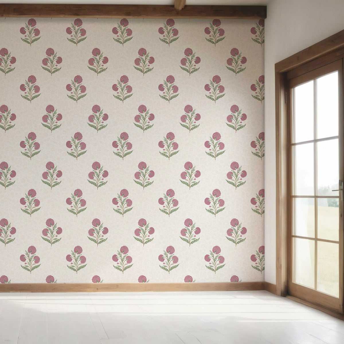 Floral Block Print Bedroom Wallpaper (Pink/ Green/ Soft Taupe)