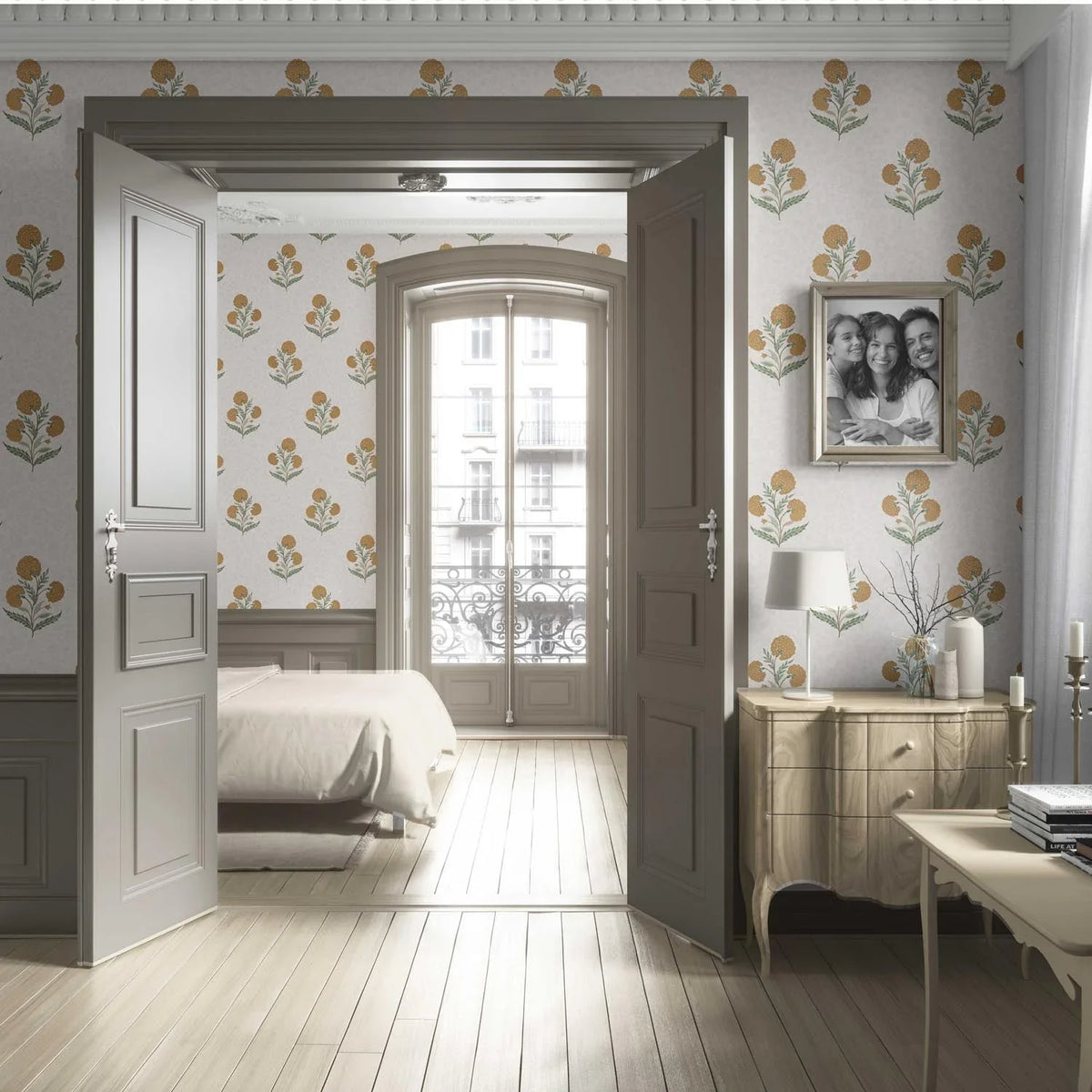 Floral Block Print Living Room Wallpaper (Ochre Yellow/ Green)