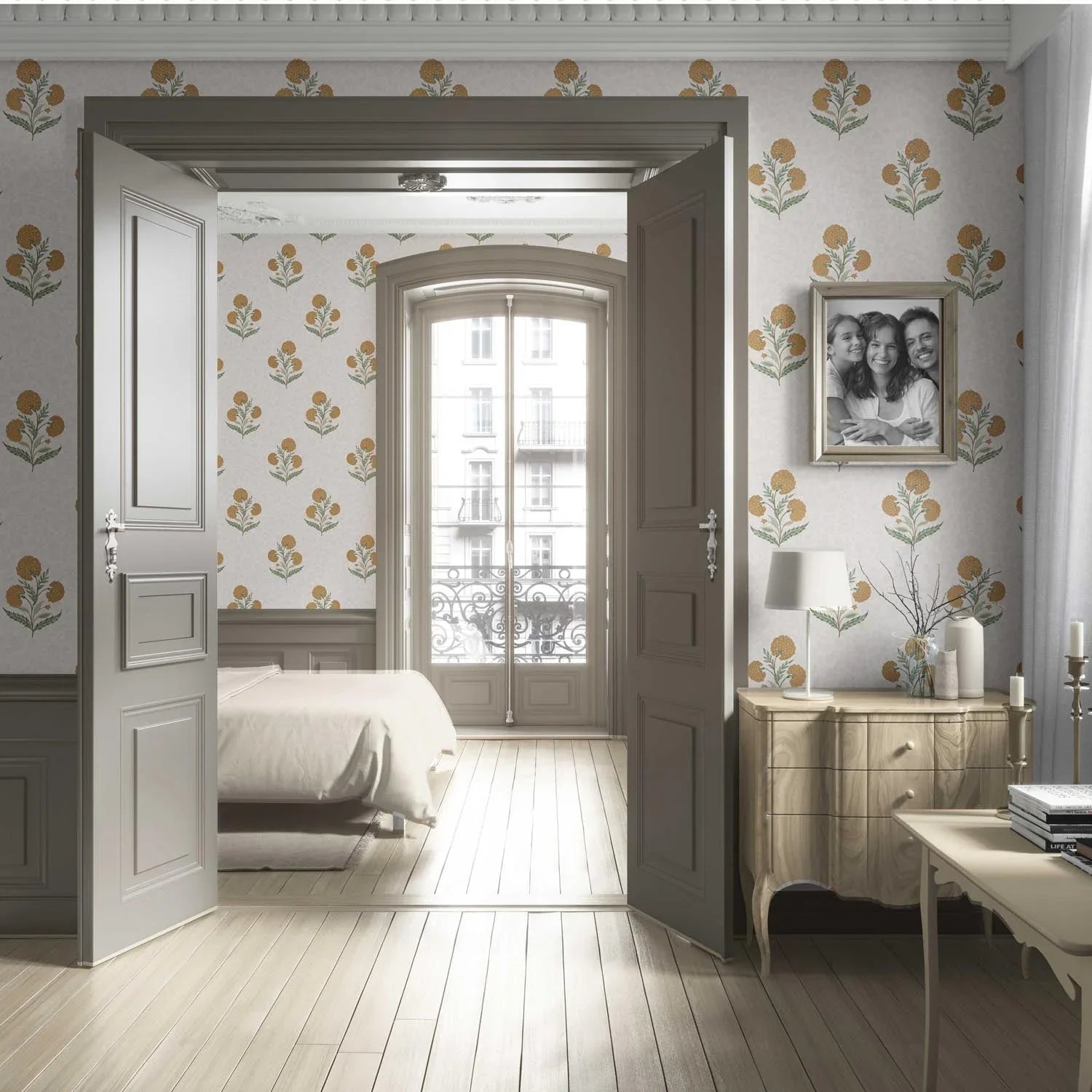 Floral Block Print Living Room Wallpaper Sample (Ochre Yellow/ Green)