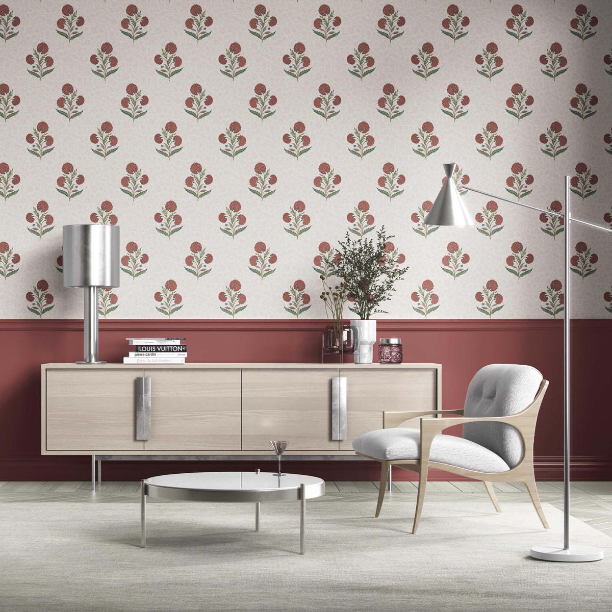 Floral Block Print Traditional Wallpaper (Red/ Green/ Soft Taupe)