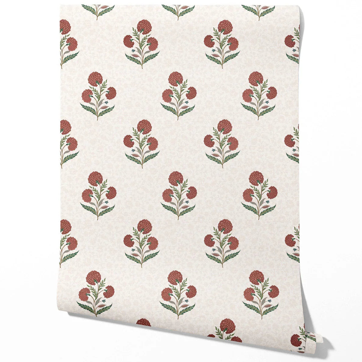 Floral Block Print Kitchen Wallpaper Sample (Red/ Green/ Soft Taupe)