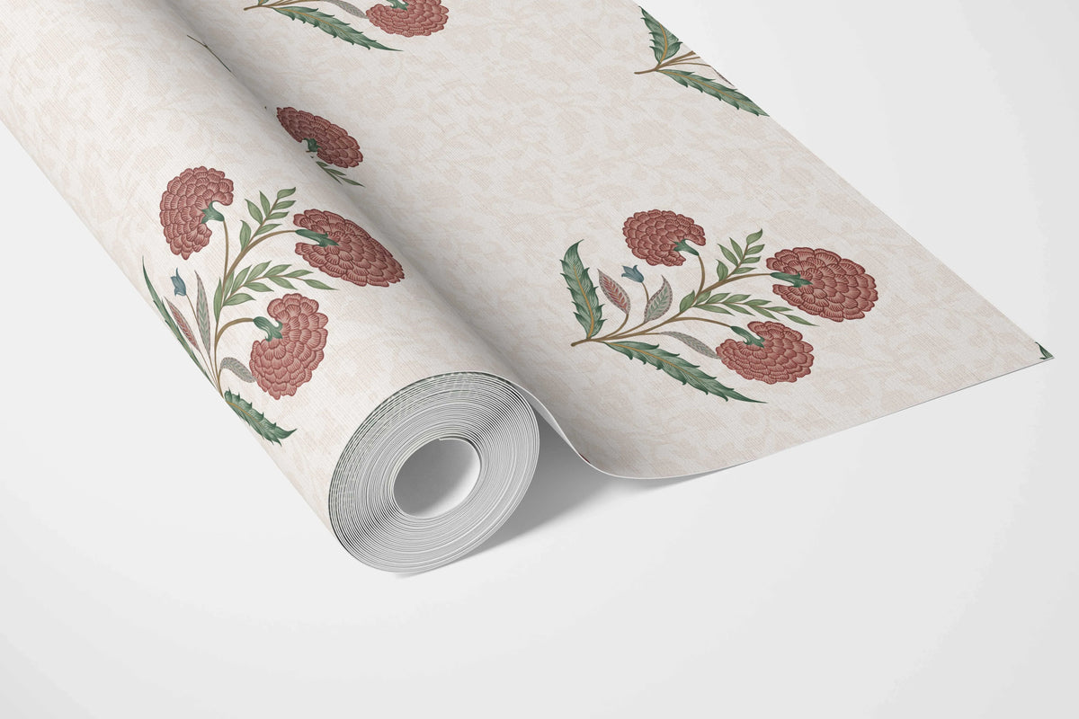 Floral Block Print Bathroom Wallpaper Sample (Red/ Green/ Soft Taupe)