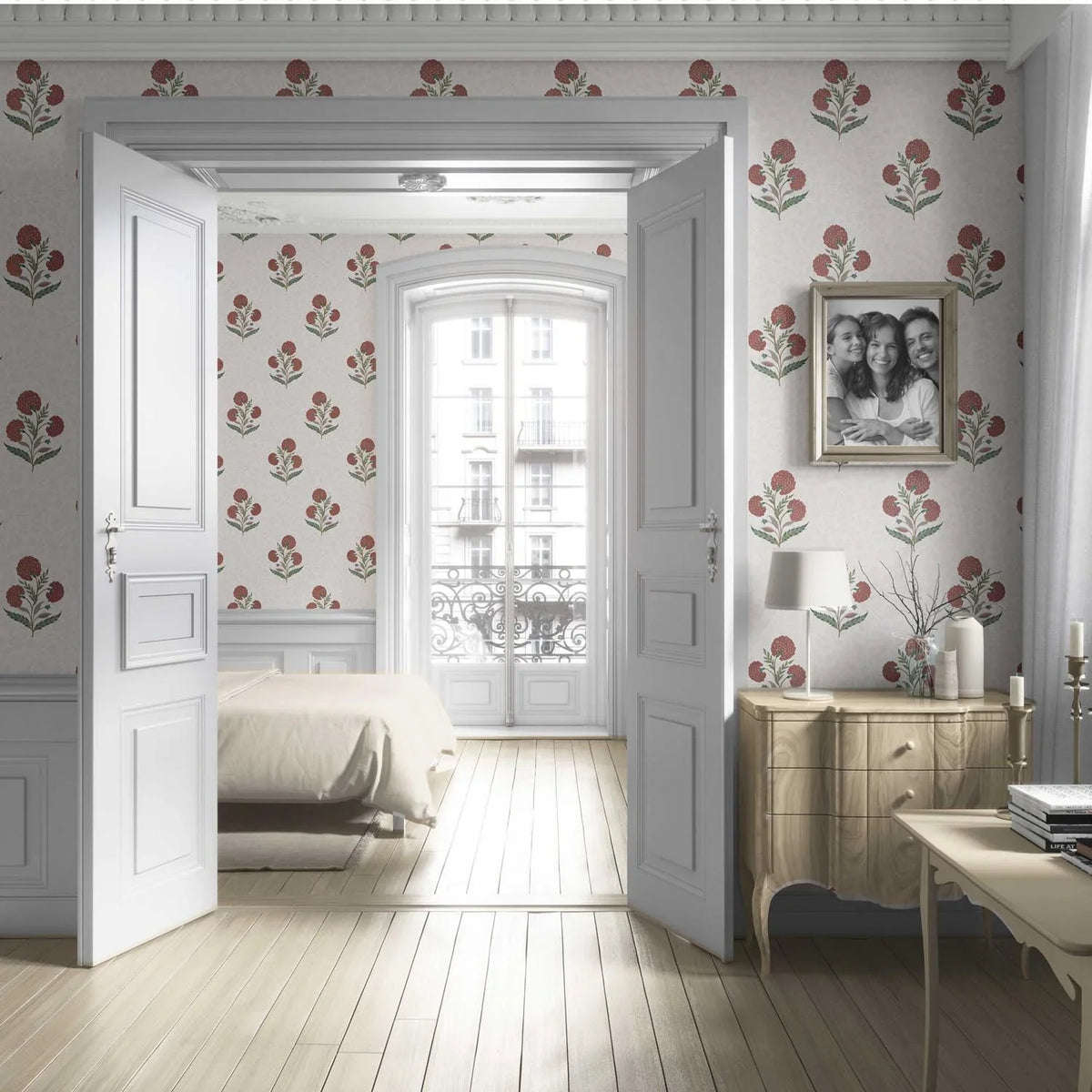 Floral Block Print Living Room Wallpaper Sample (Red/ Green/ Soft Taupe)