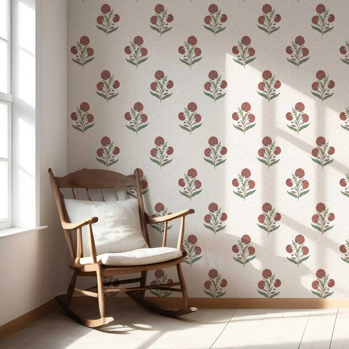 Floral Block Print Nursery Wallpaper (Red/ Green/ Soft Taupe)