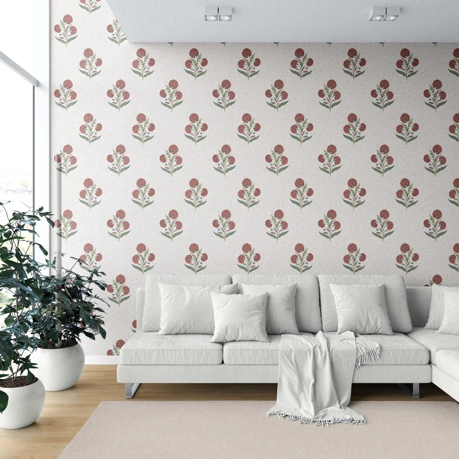 Floral Block Print Shower Toilet Wallpaper Sample (Red/ Green/ Soft Taupe)
