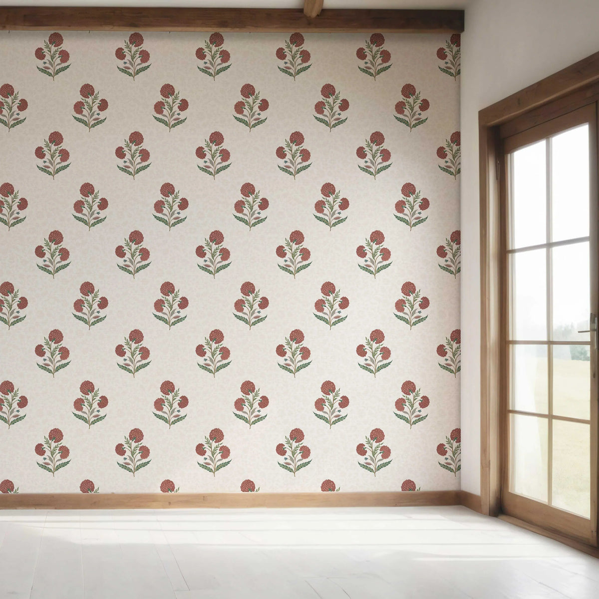 Floral Block Print Bedroom Wallpaper (Red/ Green/ Soft Taupe)