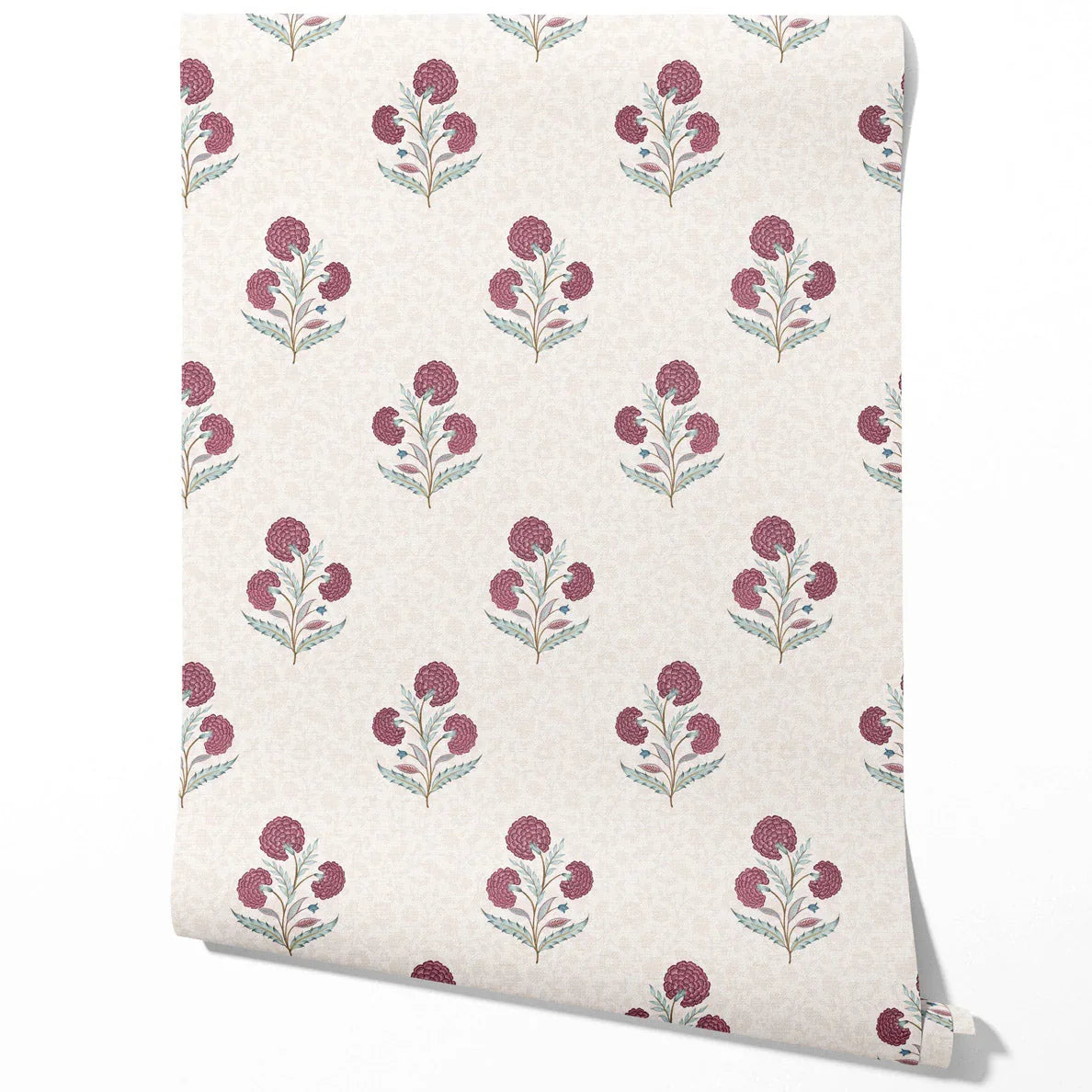 Floral Block Print Traditional Wallpaper (Deep Pink/ Green/ Soft Taupe)
