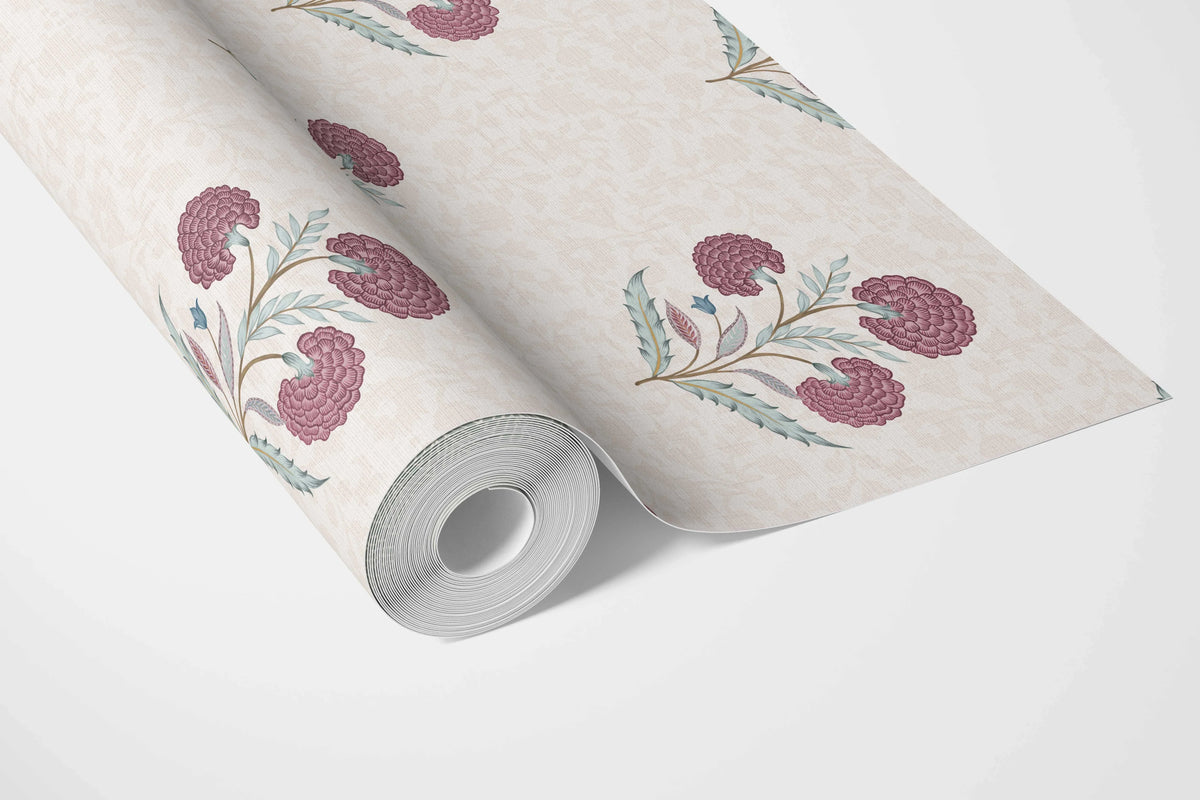Floral Block Print Bathroom Wallpaper Sample (Deep Pink/ Green/ Soft Taupe)
