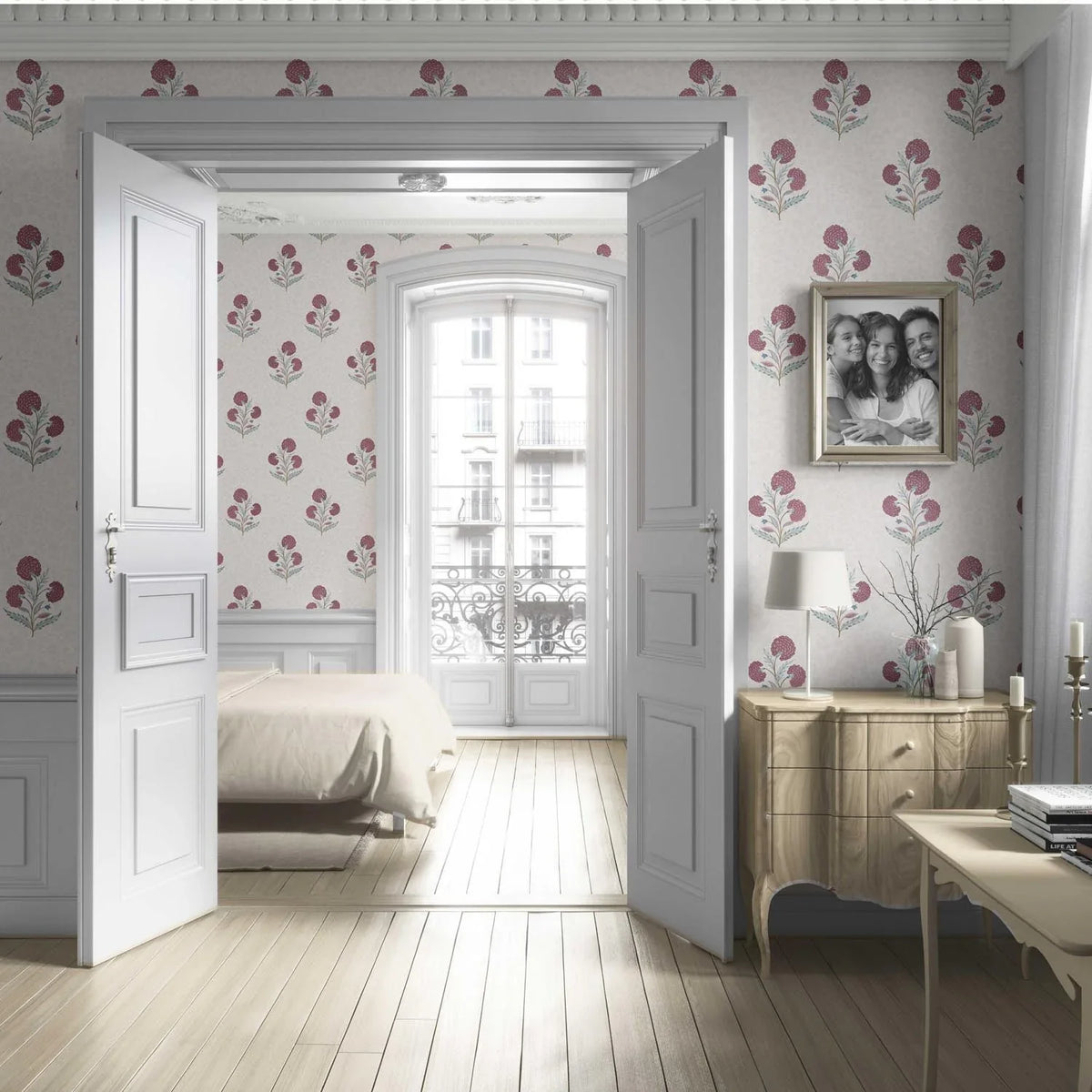 Floral Block Print Living Room Wallpaper Sample (Deep Pink/ Green/ Soft Taupe)