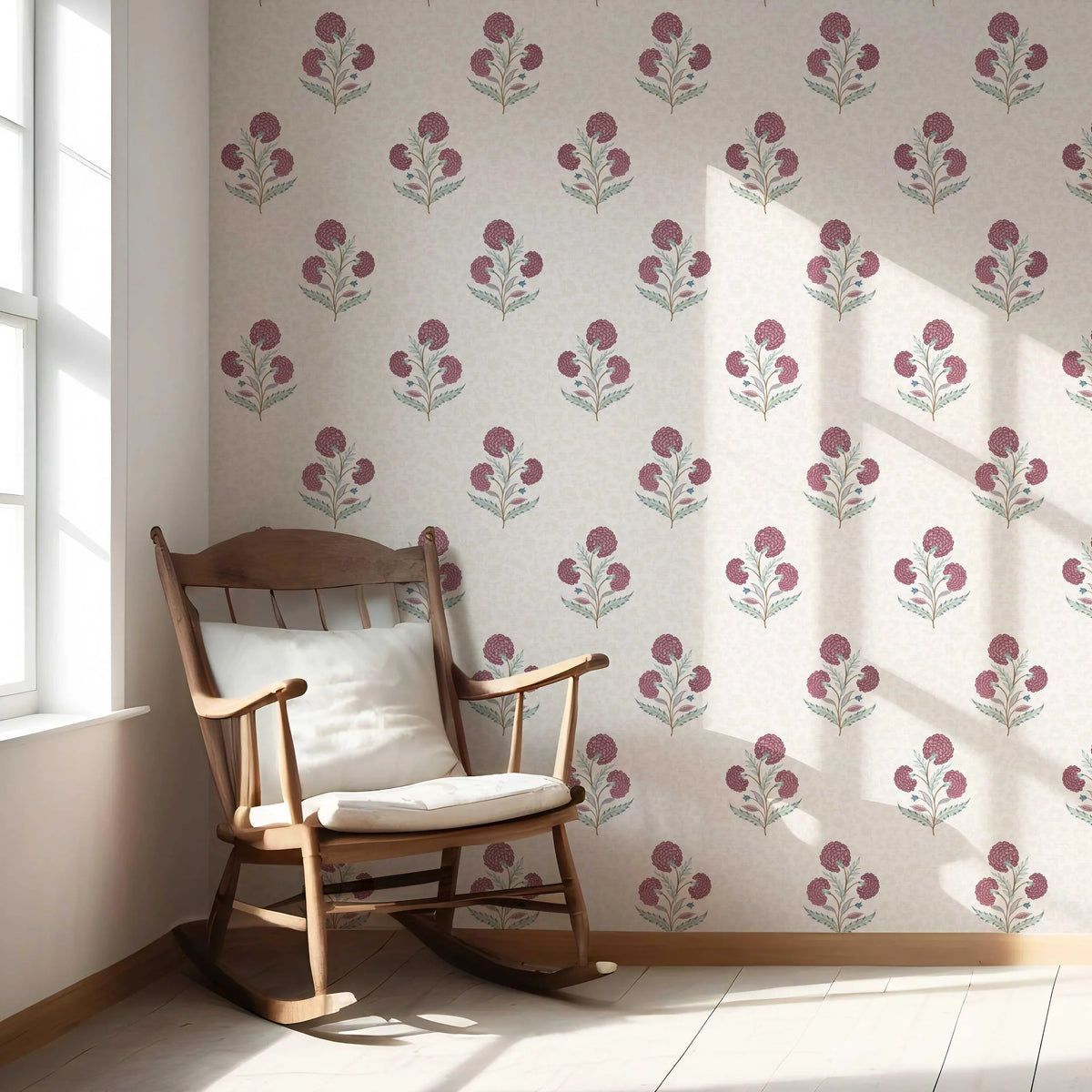 Floral Block Print Nursery Wallpaper (Deep Pink/ Green/ Soft Taupe)