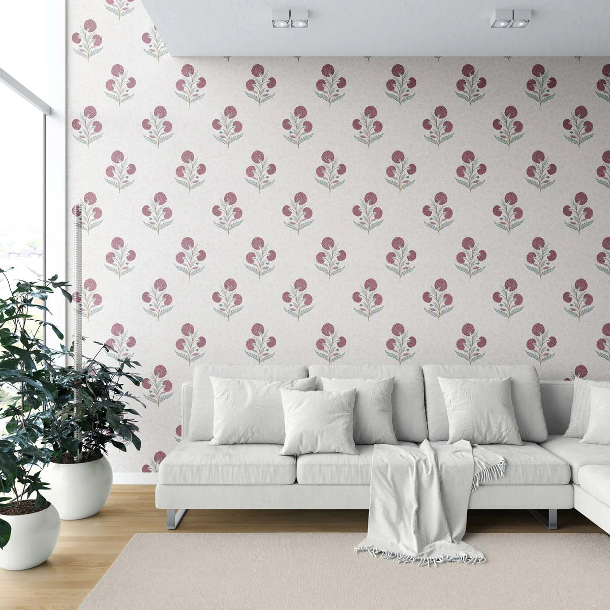 Floral Block Print Shower Toilet Wallpaper (Deep Pink/ Green/ Soft Taupe)