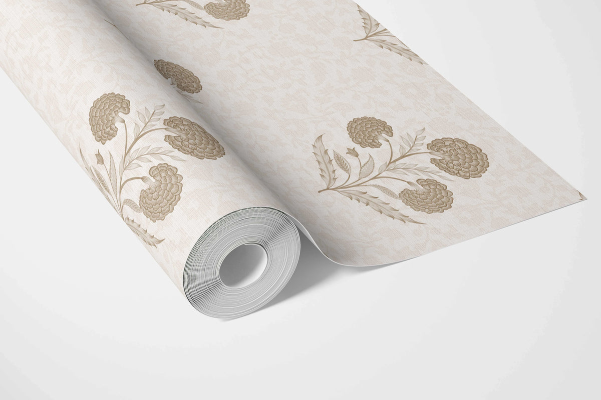 Neutral Floral Block Print Bathroom Wallpaper Sample (Beige/ Brown/ Soft Taupe)