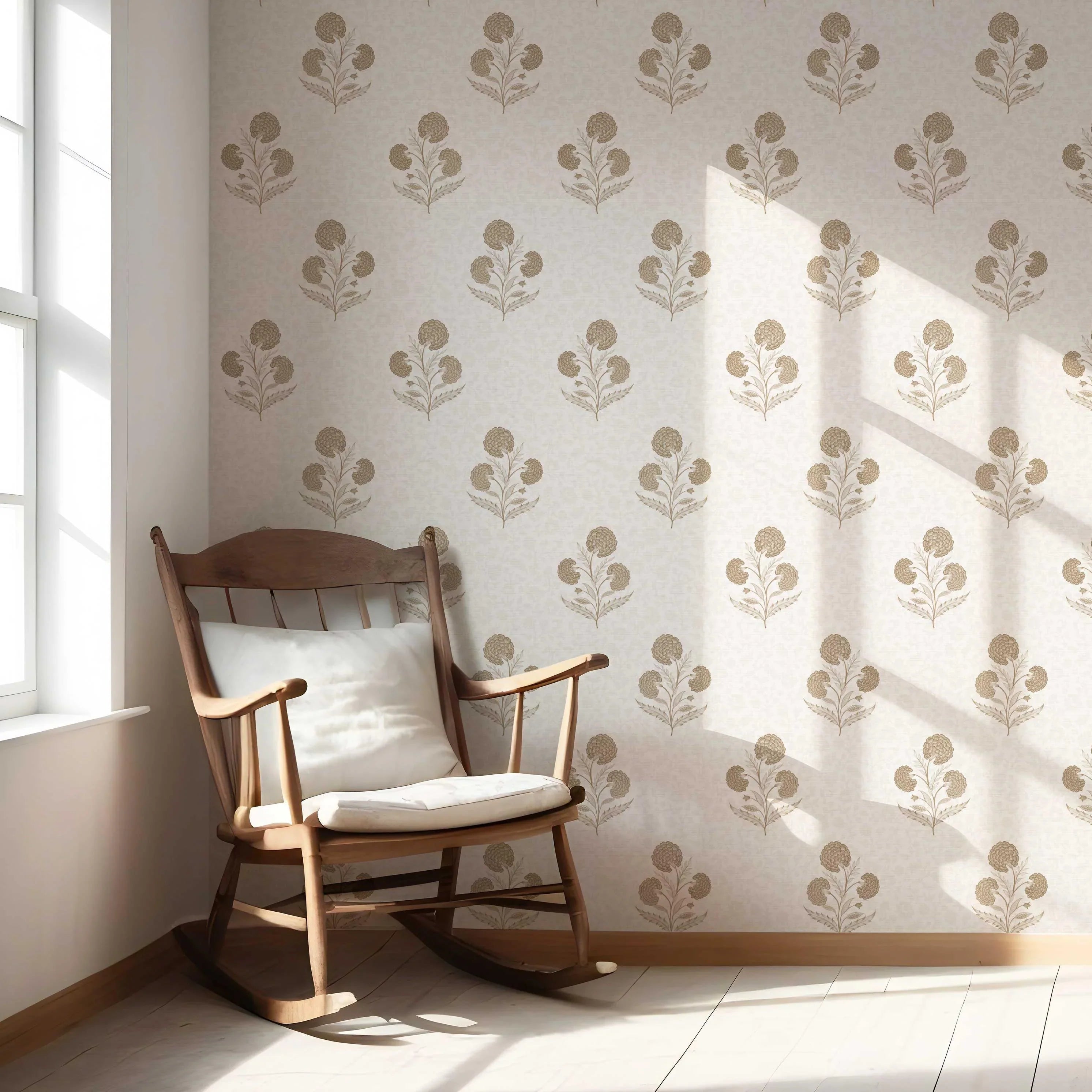 Neutral Floral Block Print Nursery Wallpaper (Beige/ Brown/ Soft Taupe)