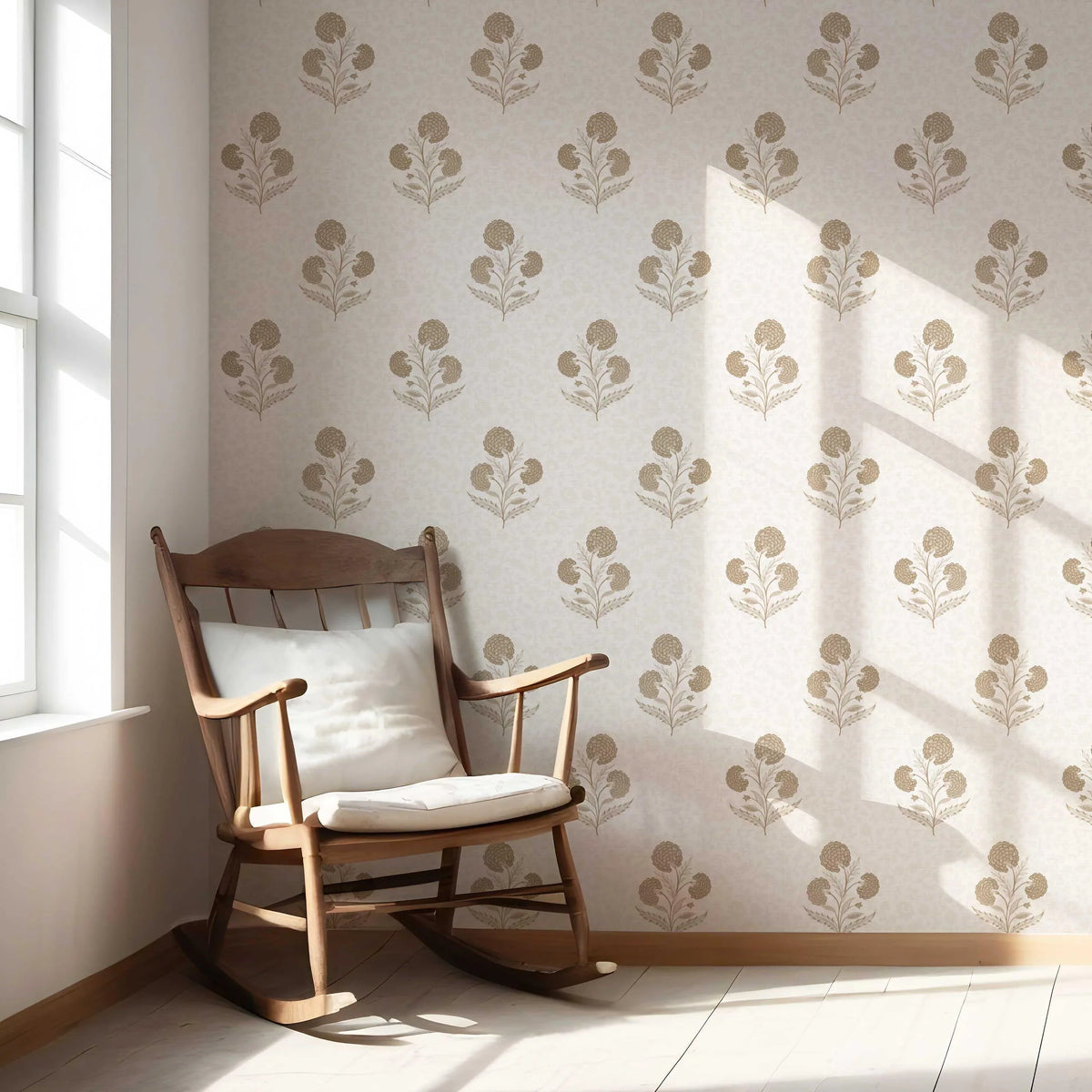 Neutral Floral Block Print Nursery Wallpaper (Beige/ Brown/ Soft Taupe)