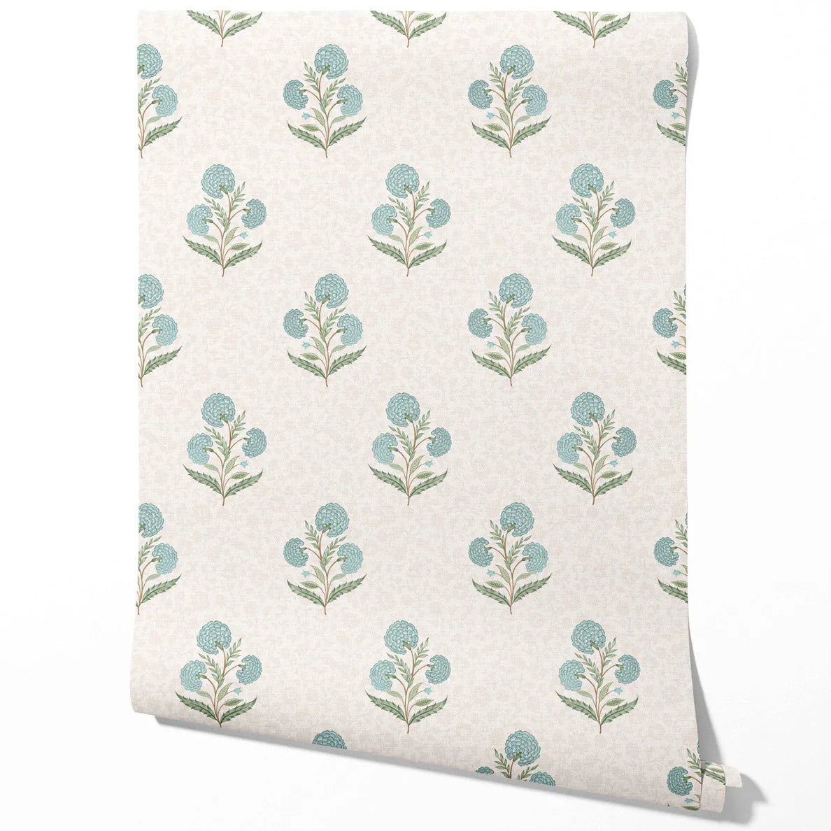 Floral Block Print Traditional Wallpaper Sample (Duck Egg Blue/ Green/ Soft Taupe)