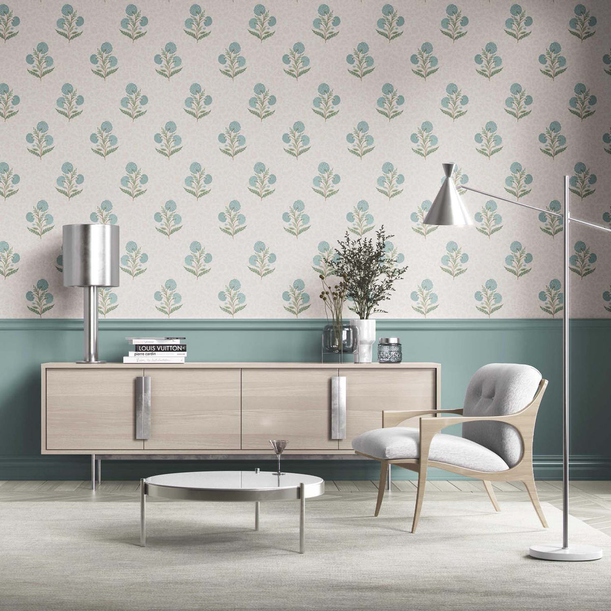 Floral Block Print Kitchen Wallpaper (Duck Egg Blue/ Green/ Soft Taupe)