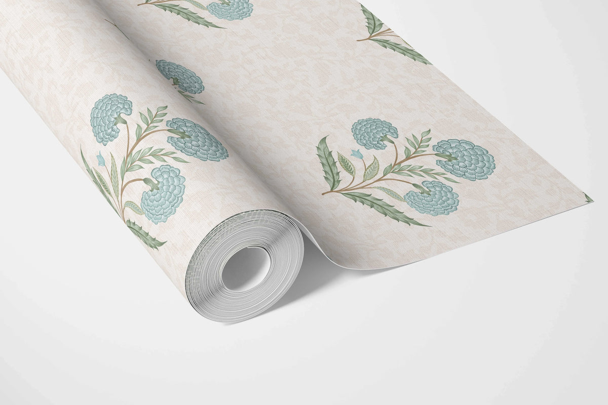 Floral Block Print Bathroom Wallpaper (Duck Egg Blue/ Green/ Soft Taupe)