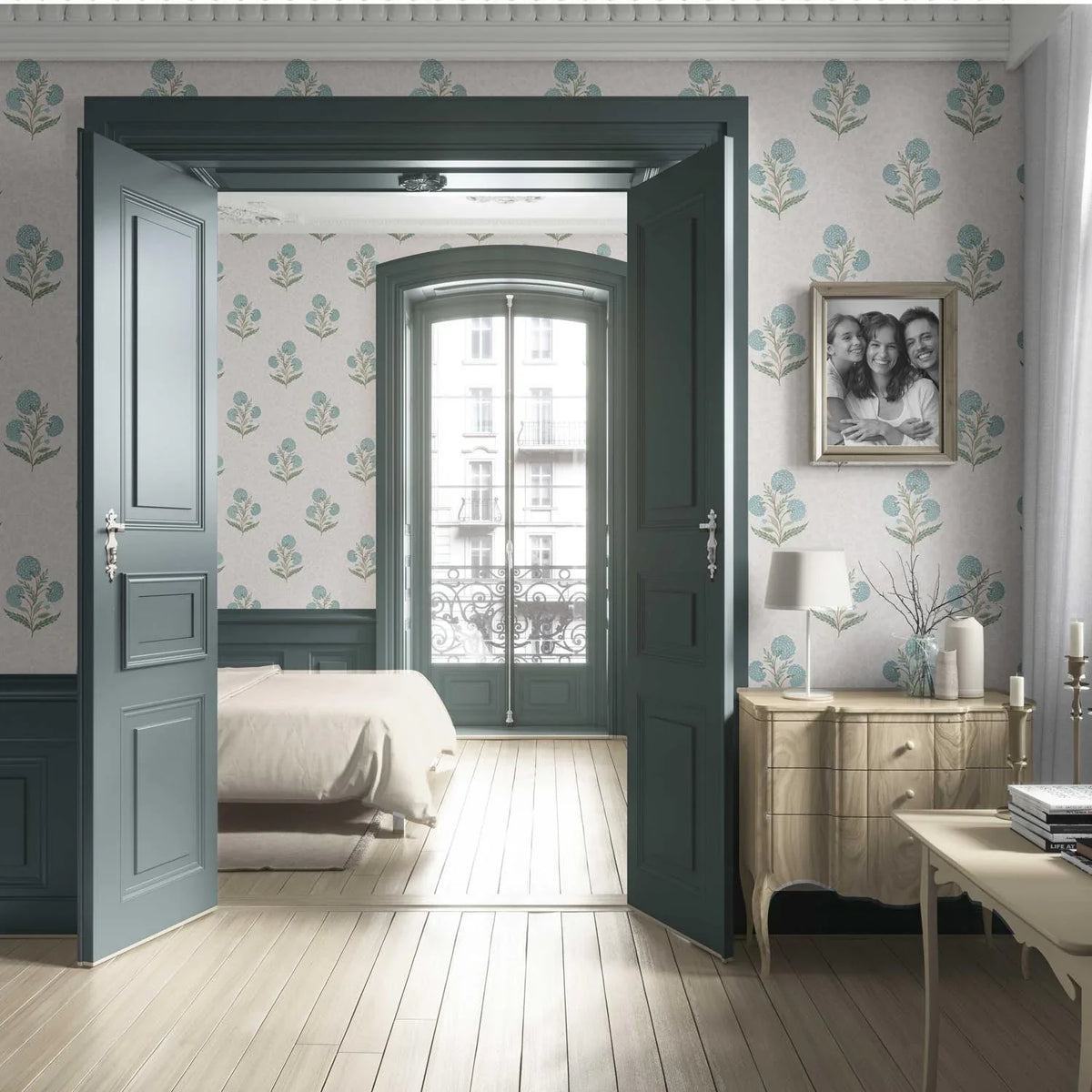 Floral Block Print Living Room Wallpaper Sample (Duck Egg Blue/ Green/ Soft Taupe)