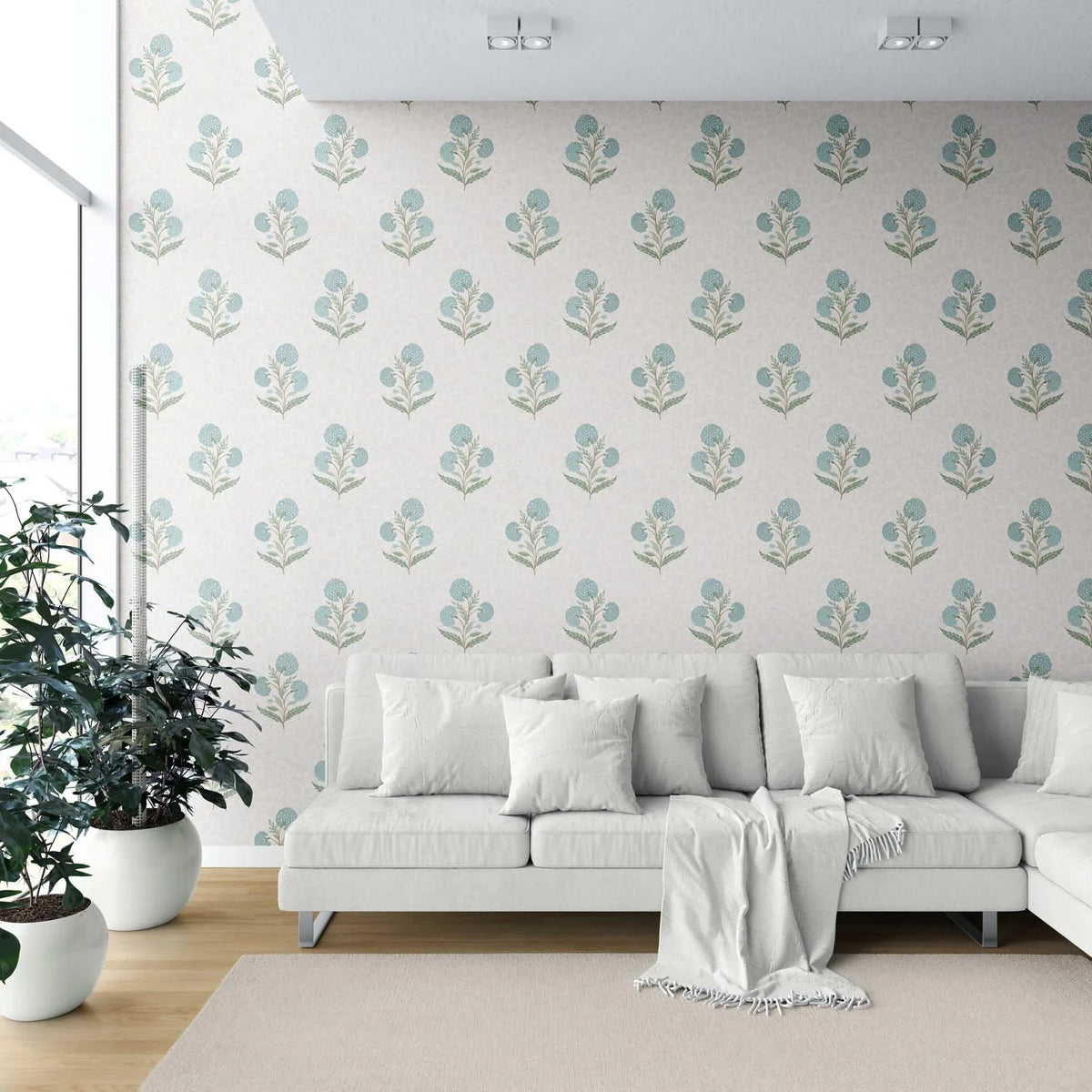Floral Block Print Shower Toilet Wallpaper Sample (Duck Egg Blue/ Green/ Soft Taupe)